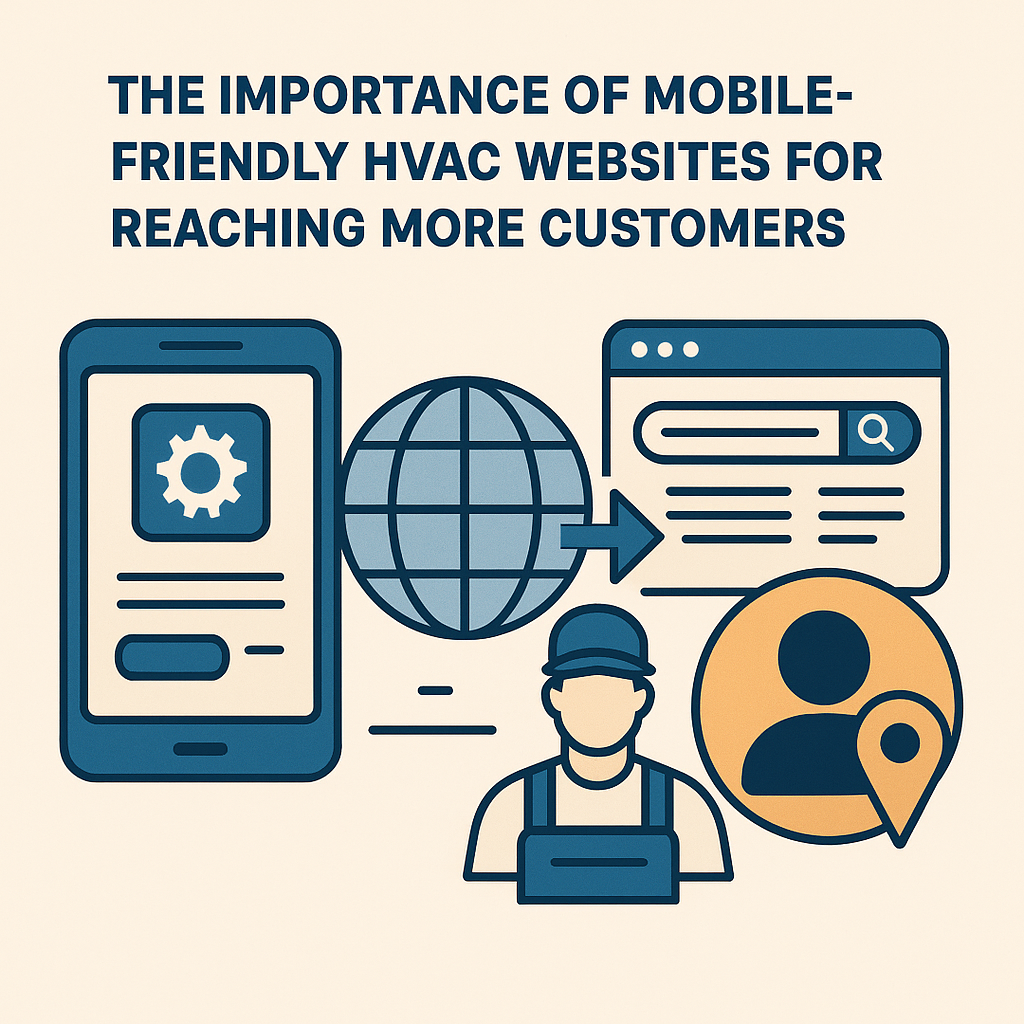 Digital illustration titled “The Importance of Mobile-Friendly HVAC Websites for Reaching More Customers.” The design is divided into four sections on a beige background: a smartphone with HVAC website content, a globe symbolizing global reach, a web browser window with a search bar and content, and an HVAC technician icon beside a customer silhouette with a location pin. The color palette includes blue, beige, and orange accents.
