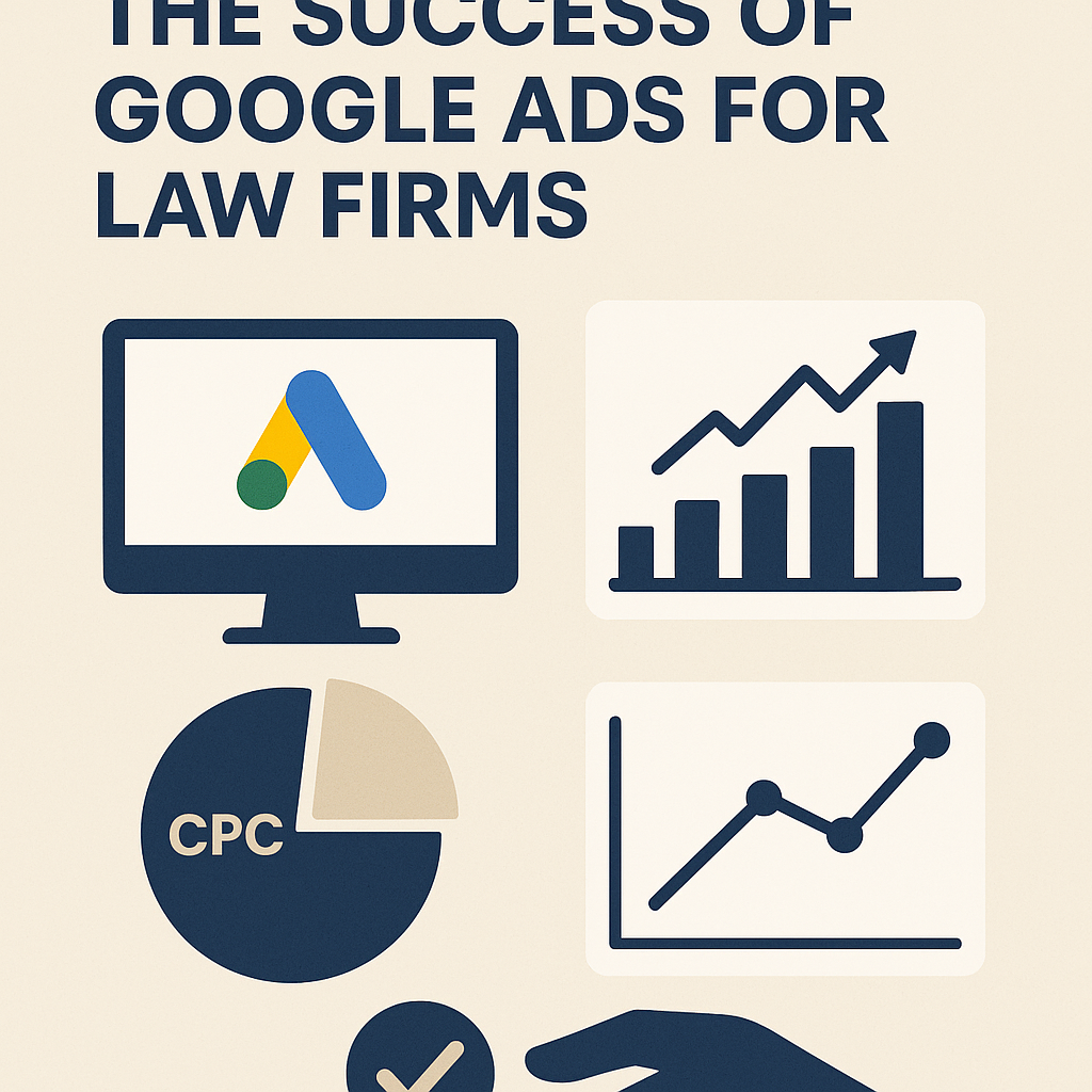 Infographic titled “How to Track and Measure the Success of Google Ads for Law Firms” featuring flat-design icons on a beige background. Visual elements include a computer monitor displaying the Google Ads logo, a vertical bar chart with an upward arrow, a pie chart labeled “CPC,” a line graph showing increasing performance, and a checkmark icon. A stylized hand at the bottom symbolizes support and strategy. The design uses navy blue and beige tones for a clean, professional look.