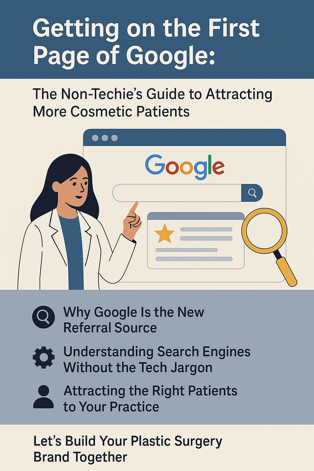 Getting on the First Page of Google: The Non-Techie’s Guide to Attracting More Cosmetic Patients.” A female doctor in a white coat points at a stylized Google search results page displayed on a large screen. A magnifying glass icon and search result snippet with a gold star are shown. Below the image are three bullet points: “Why Google Is the New Referral Source,” “Understanding Search Engines Without the Tech Jargon,” and “Attracting the Right Patients to Your Practice.” The bottom text reads: “Let’s Build Your Plastic Surgery Brand Together.