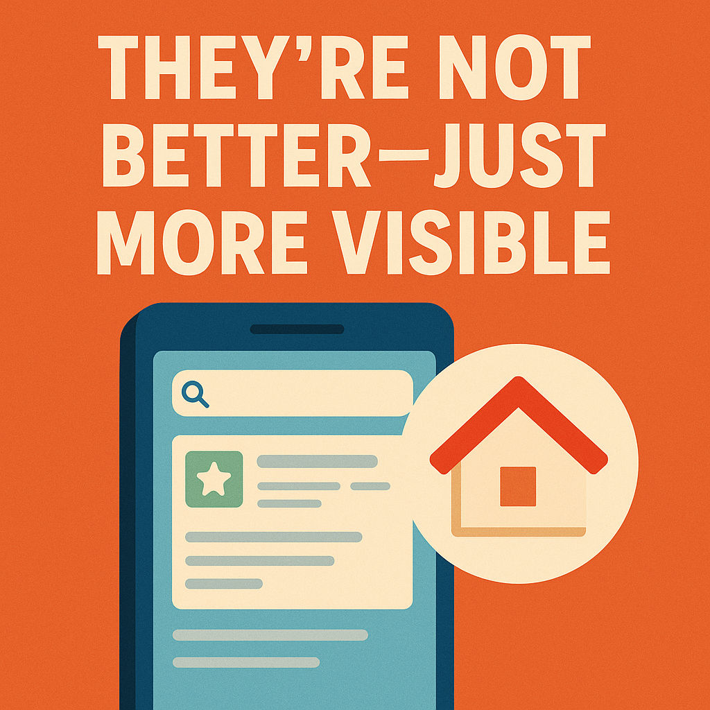 THEY’RE NOT BETTER—JUST MORE VISIBLE” in large, cream-colored capital letters. Below the text is a stylized smartphone displaying a search engine results page, with a beige circular icon overlapping the screen that contains a red and beige house symbol, representing the roofing industry.
Ask ChatGPT