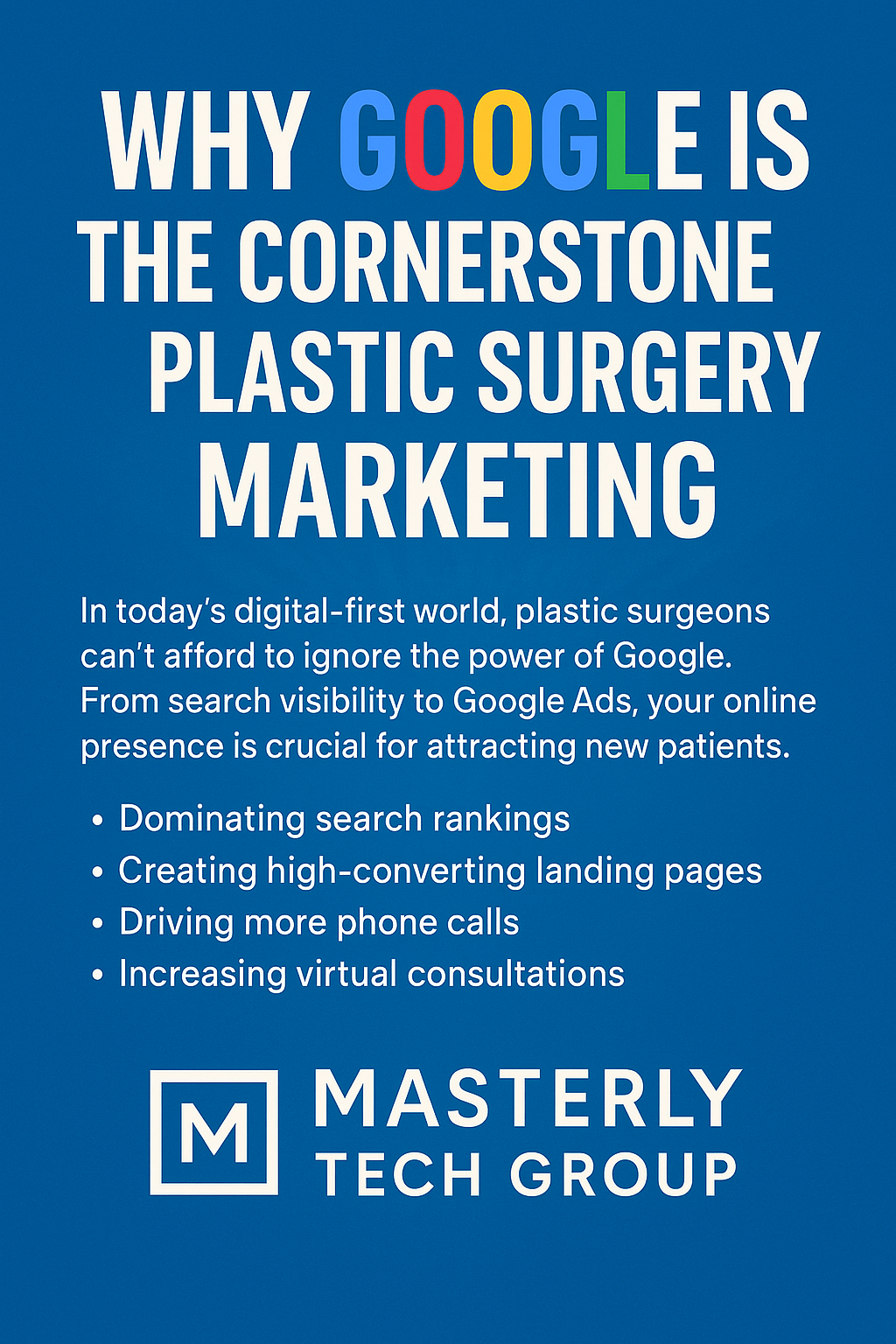 Digital graphic titled “WHY GOOGLE IS THE CORNERSTONE PLASTIC SURGERY MARKETING” with “GOOGLE” stylized in its iconic blue, red, yellow, and green colors. The background is a clean blue, and the text emphasizes the importance of Google for plastic surgeons' marketing success. Below the heading, a paragraph explains the need for search visibility and online presence, followed by bullet points listing strategies like dominating search rankings, creating high-converting landing pages, driving more phone calls, and increasing virtual consultations. At the bottom, the logo and name “MASTERLY TECH GROUP” appear in white with a boxed “M” icon.
