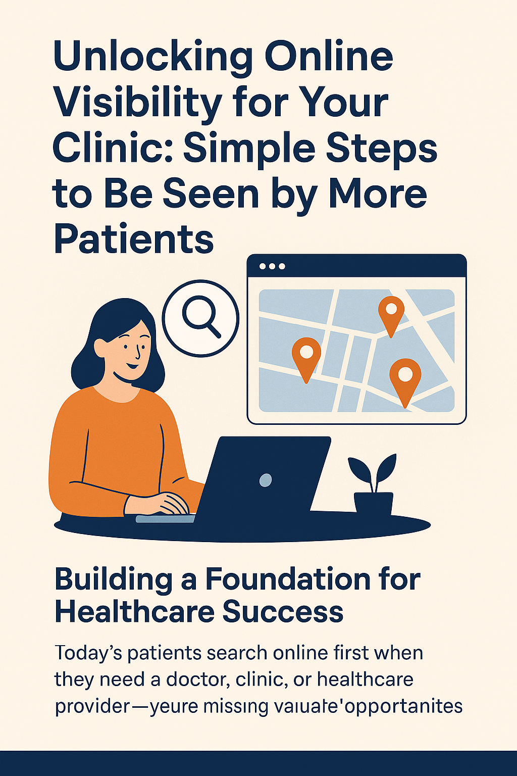 Promotional graphic for Masterly Tech Group’s guide to improving online visibility for healthcare clinics. The headline reads: “Unlocking Online Visibility for Your Clinic: Simple Steps to Be Seen by More Patients.” An illustration shows a woman in an orange shirt working on a laptop. Next to her is a large map with location pins and a magnifying glass icon, symbolizing local search. A subheading below says: “Building a Foundation for Healthcare Success.” The background uses beige and navy blue colors for a clean, professional look.