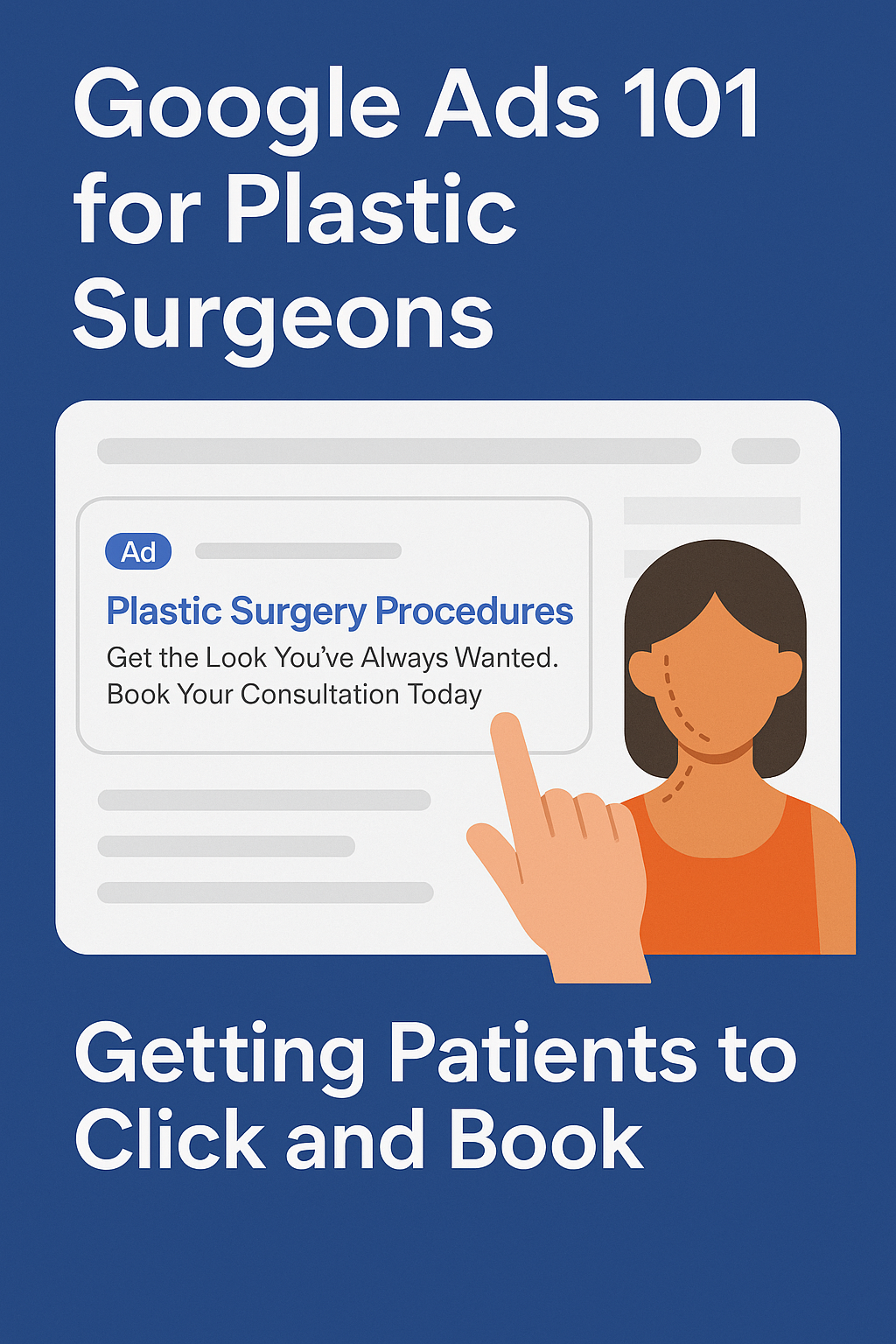 Informational graphic titled “Google Ads 101 for Plastic Surgeons.” The top section has bold white text on a blue background. Below, an illustration shows a simulated Google search result with an ad reading “Plastic Surgery Procedures – Get the Look You’ve Always Wanted. Book Your Consultation Today.” A hand icon points to the ad, and to the right, an illustrated woman’s face shows dotted surgical guide lines. The bottom section reads “Getting Patients to Click and Book.