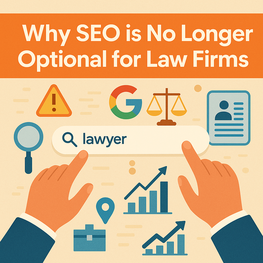 Digital graphic with the title 'Why SEO is No Longer Optional for Law Firms' in bold white text on an orange banner. Below, two hands point to a search bar containing the word 'lawyer,' surrounded by icons including a magnifying glass, Google logo, legal scale, ID card, warning sign, and bar graphs, symbolizing legal SEO and online search visibility