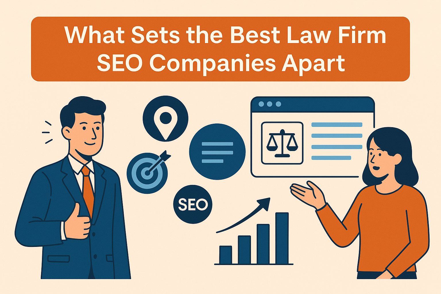 Flat-style digital illustration with the title 'What Sets the Best Law Firm SEO Companies Apart' in bold white text on an orange banner. Below, a confident man in a suit gives a thumbs up, while a woman gestures toward SEO-related icons including a location pin, target, SEO label, chat bubble, growth bar chart, and a browser window with legal scales, symbolizing strategic SEO services for law firms.