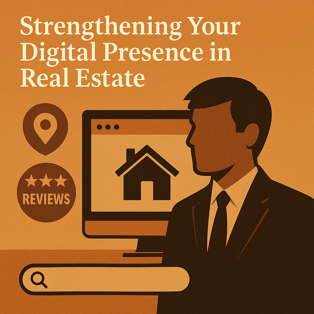 Illustration of a professional real estate agent in a suit standing beside a computer monitor displaying a house icon, with a Google Maps location pin and a circular badge labeled 