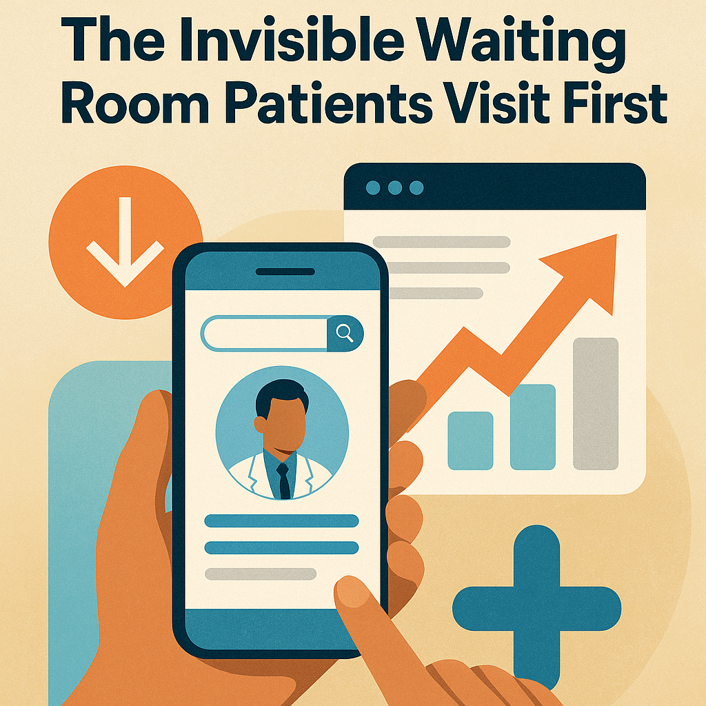 A flat-style digital illustration shows a hand holding a smartphone displaying search results for a doctor, with a teal search bar and an avatar of a male physician in a white coat. Behind the phone, a browser window displays a rising orange arrow and bar chart, symbolizing increased visibility and credibility. Additional icons, including a downward arrow and a medical cross, emphasize themes of search ranking and healthcare. The title above reads “The Invisible Waiting Room Patients Visit First.