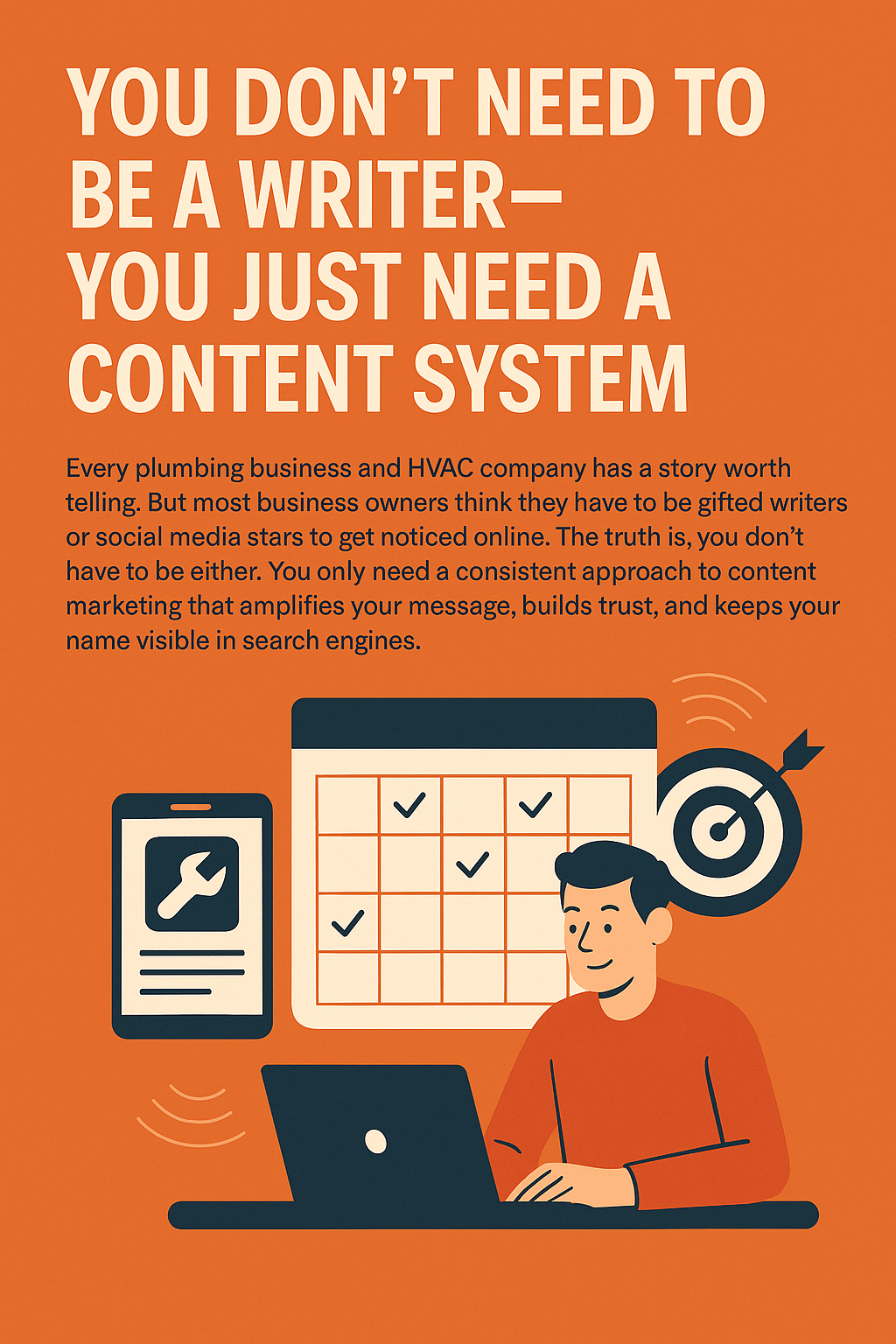 Infographic with an orange background and white and navy blue elements. The top headline reads, “YOU DON’T NEED TO BE A WRITER—YOU JUST NEED A CONTENT SYSTEM.” Below, text explains that plumbing and HVAC businesses don’t have to be gifted writers to get noticed online; they need a consistent content marketing approach. The illustration shows a smiling man sitting at a laptop. Behind him is a large calendar with check marks, symbolizing a content schedule. To the left is a smartphone displaying a wrench icon, and to the right is a target with an arrow, representing strategic goals.