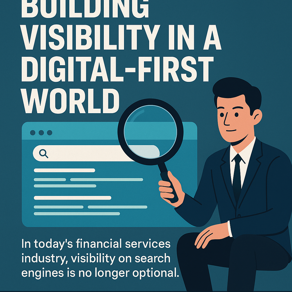 Illustrated graphic with bold white text reading “BUILDING VISIBILITY IN A DIGITAL-FIRST WORLD” against a dark cyan-blue background. On the right, a cartoon-style businessman in a suit kneels while holding a magnifying glass over a stylized search engine results page. Below, a caption states: “In today’s financial services industry, visibility on search engines is no longer optional.