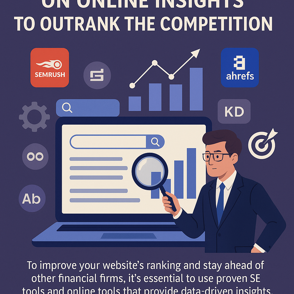 Infographic featuring the headline “Using SEO Tools and Online Insights to Outrank the Competition” in bold white text on a dark purple background. A cartoon-style businessman in a suit examines a laptop screen with a magnifying glass, highlighting SEO data such as bar graphs, search results, and charts. Surrounding icons include logos for SEMrush and Ahrefs, keyword difficulty (KD), and optimization symbols. A caption below reads: “To improve your website’s ranking and stay ahead of other financial firms, it’s essential to use proven SE tools and online tools that provide data-driven insights.