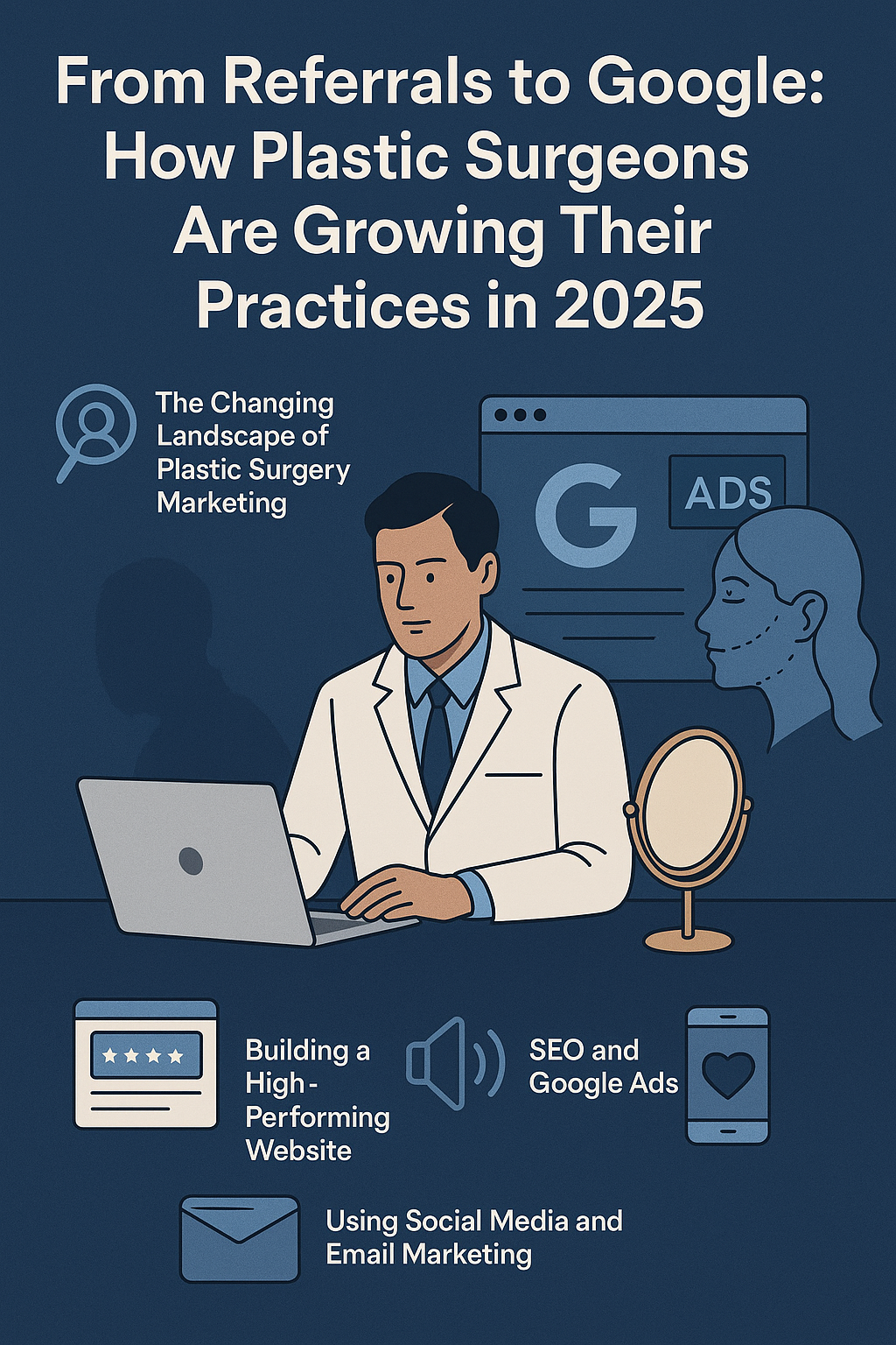 Infographic with a deep blue background titled “From Referrals to Google: How Plastic Surgeons Are Growing Their Practices in 2025.” At the center, a plastic surgeon in a white coat works on a laptop, surrounded by icons representing digital marketing strategies. These include a Google Ads interface, a facial profile outline, a mirror, a search magnifier labeled “The Changing Landscape of Plastic Surgery Marketing,” a five-star review graphic labeled “Building a High-Performing Website,” a megaphone labeled “SEO and Google Ads,” a smartphone with a heart icon labeled “Using Social Media and Email Marketing,” and an envelope icon for email campaigns.