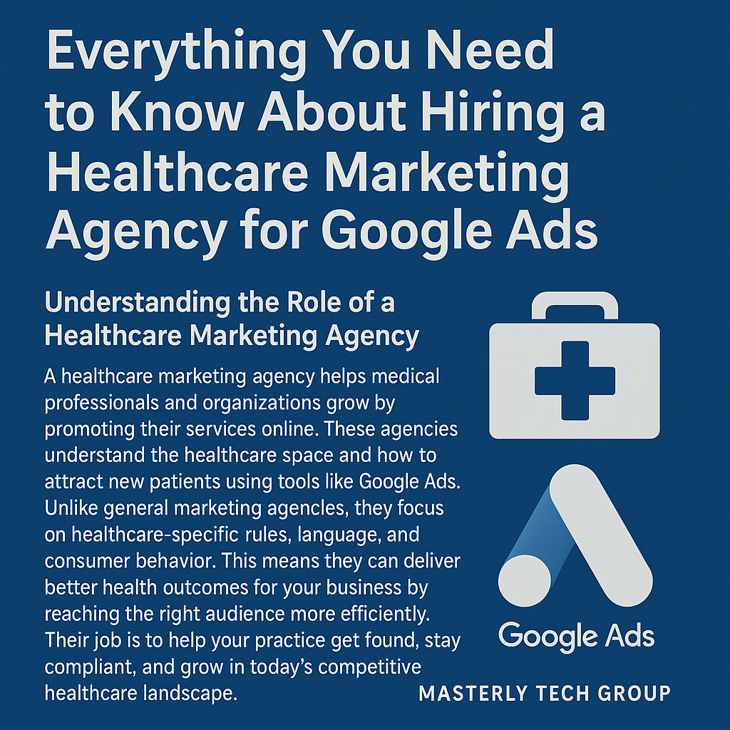 A digital graphic design image on a dark blue background lists eight key services included in a Google Ads package. Each service is paired with a minimalist white icon. The services are: Google Ads Campaign Setup, Keyword Research and Search Query Analysis, Ad Copy Creation and Optimization, Conversion Optimization and Landing Page Optimization, Campaign Performance and Monthly Reports, Video and App Campaigns, and Remarketing and Audience Targeting. The layout is clean and professional, emphasizing clarity and organization.