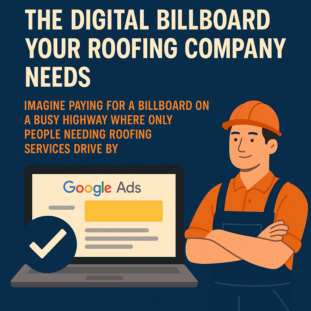 A digital marketing graphic features a navy blue background with bold beige text reading, “THE DIGITAL BILLBOARD YOUR ROOFING COMPANY NEEDS.” Below, orange text explains, “Imagine paying for a billboard on a busy highway where only people needing roofing services drive by.” On the left, an illustrated laptop screen displays a Google Ads interface with a highlighted ad section. To the right, a smiling roofer wearing an orange hard hat and overalls stands confidently with arms crossed. A large orange checkmark icon emphasizes trust and effectiveness in advertising. The design promotes the value of Google Ads for roofing companies.