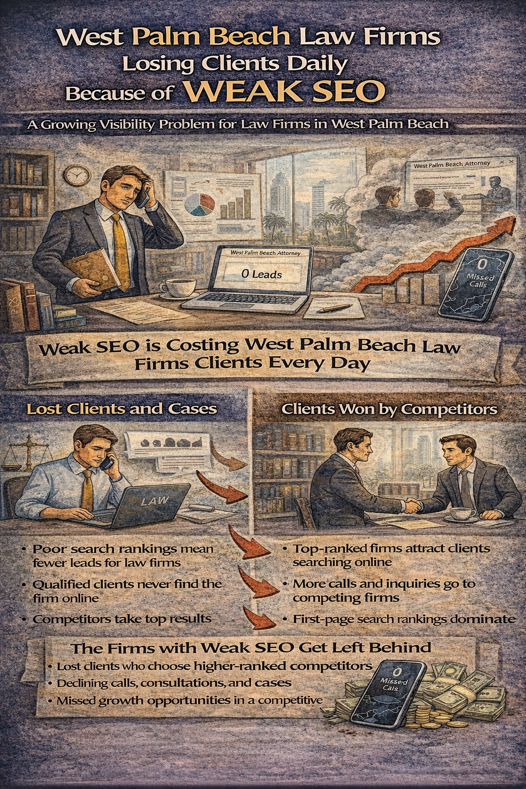West Palm Beach Law Firms Losing Clients Daily Because of Weak SEO,” illustrating how poor search engine optimization causes law firms to lose potential clients online, showing an attorney reviewing low website leads while competitors attract clients through higher search rankings, increased calls, and first-page visibility in search results.
