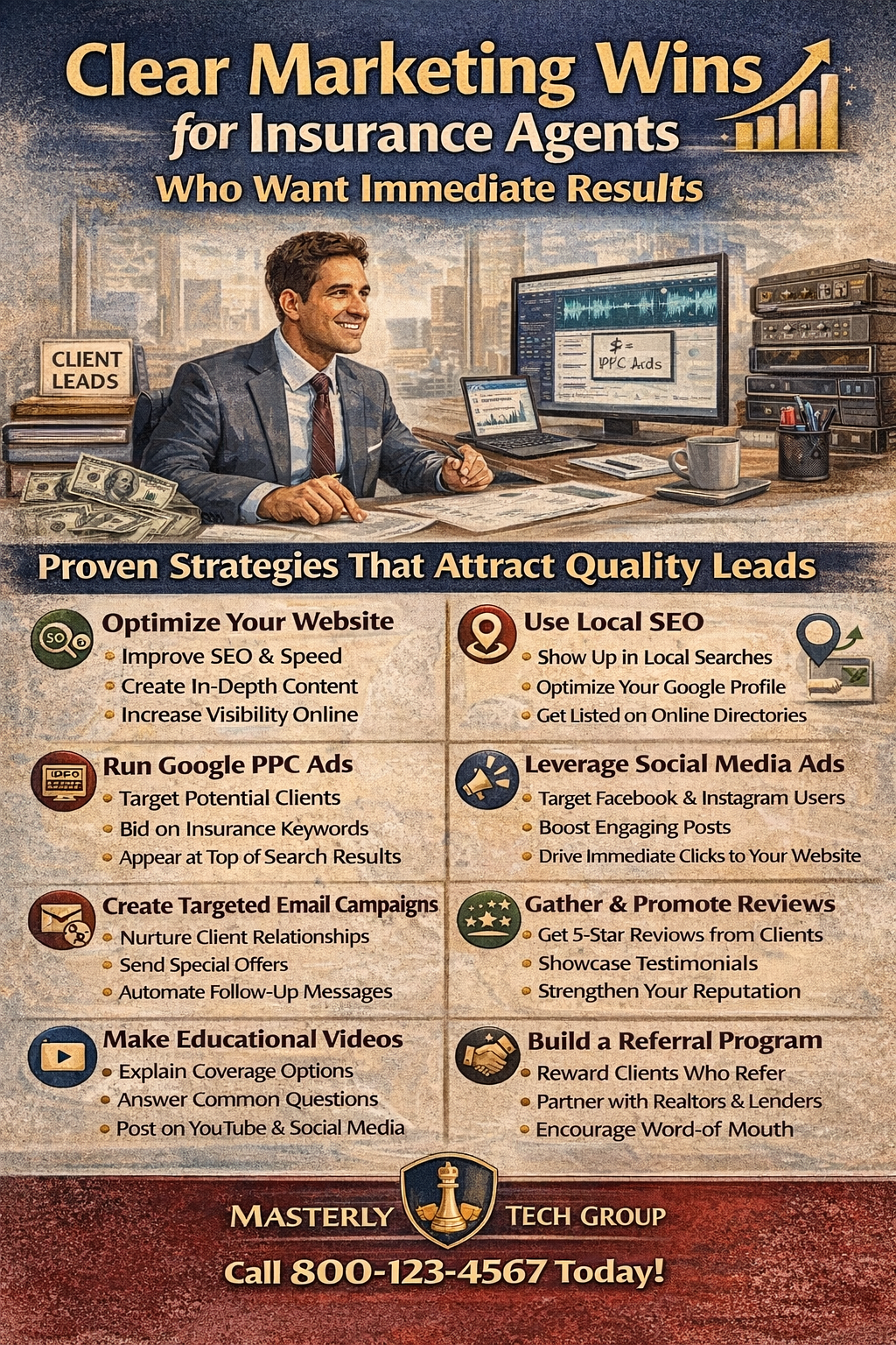 Infographic showing marketing strategies for insurance agents, including SEO, PPC ads, social media marketing, email campaigns, online reviews, and referral programs to generate leads.