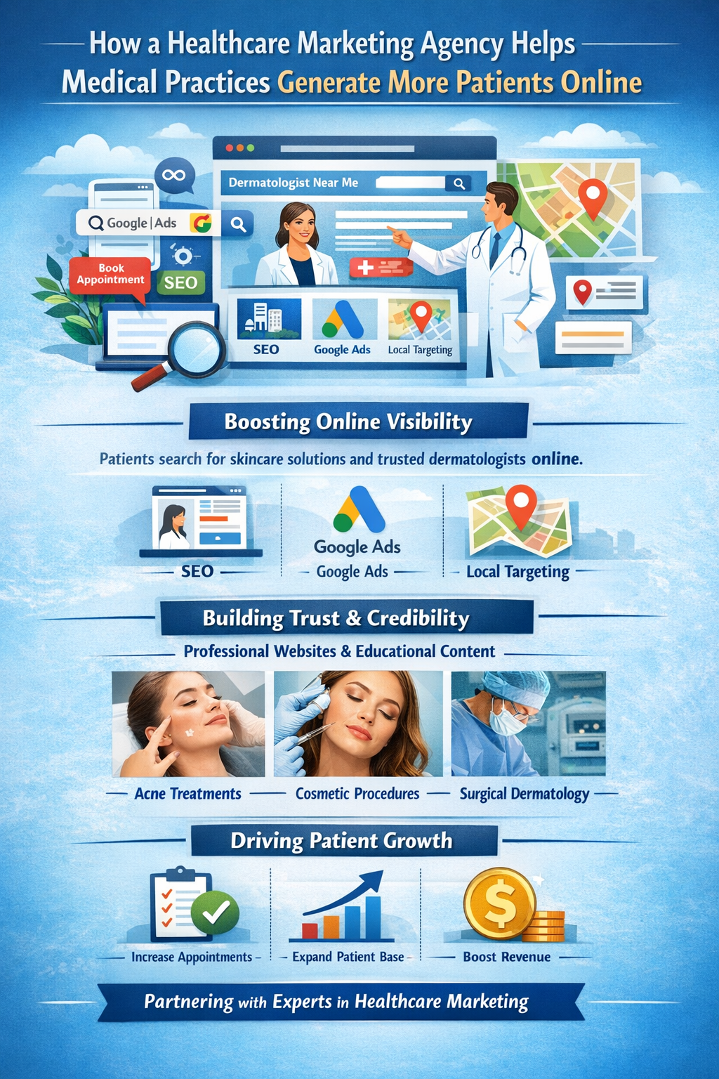 How a Healthcare Marketing Agency Helps Medical Practices Generate More Patients Online.” The graphic illustrates digital marketing strategies for dermatology practices, including SEO, Google Ads, and local targeting to improve online visibility. It shows a doctor and patient near a website search result for “Dermatologist Near Me,” along with icons for booking appointments and search optimization. Sections highlight boosting online visibility, building trust through professional websites and educational content, promoting acne treatments, cosmetic procedures, and surgical dermatology, and driving patient growth through increased appointments, expanded patient base, and higher revenue.
