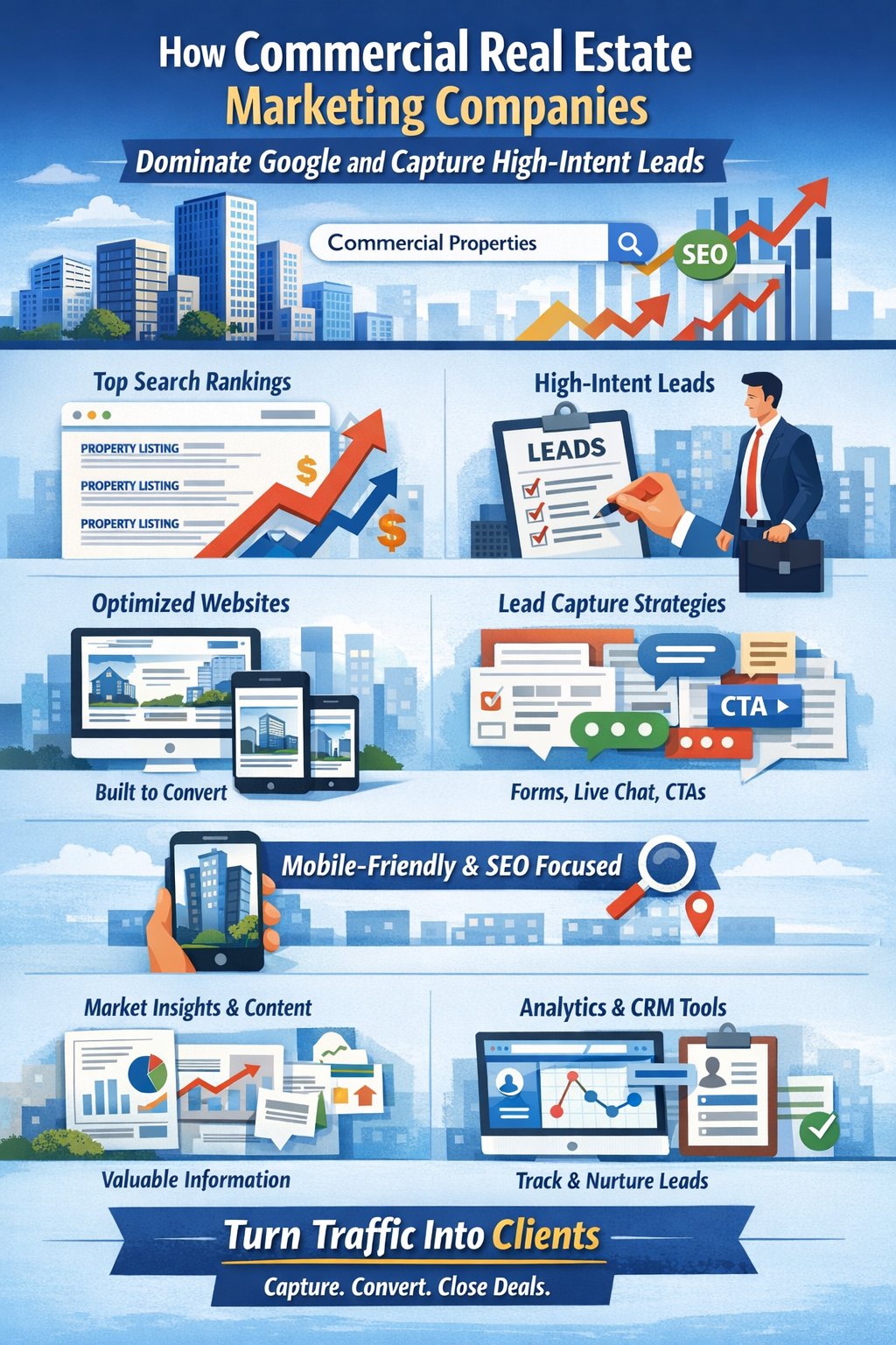 How Commercial Real Estate Marketing Companies Dominate Google and Capture High-Intent Leads,” featuring a modern cityscape with search bars, SEO icons, and rising graph arrows. The design highlights key strategies such as top search rankings, optimized websites, lead capture methods, mobile-friendly design, and content marketing. Visual sections include property listings, lead checklists, website mockups across devices, chat and CTA elements, analytics dashboards, and CRM tools, all emphasizing how to convert website traffic into qualified clients.