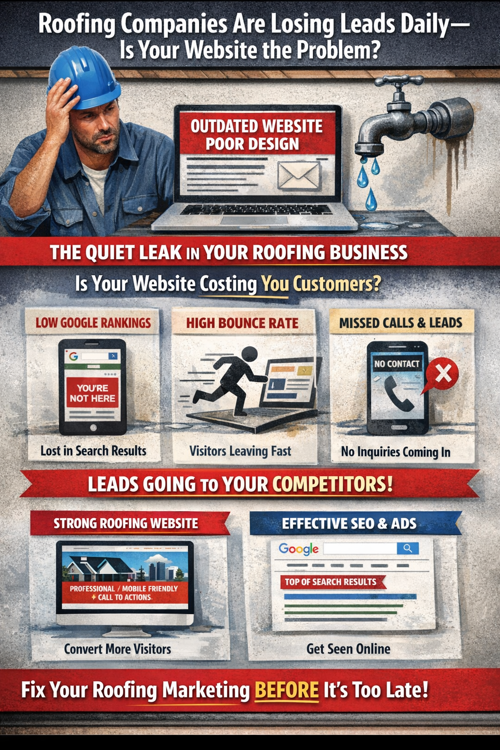 Infographic showing how a poorly designed roofing website leads to lost customers, highlighting issues like low search rankings, high bounce rates, and missed calls, along with solutions such as SEO, ads, and optimized website design to increase leads
