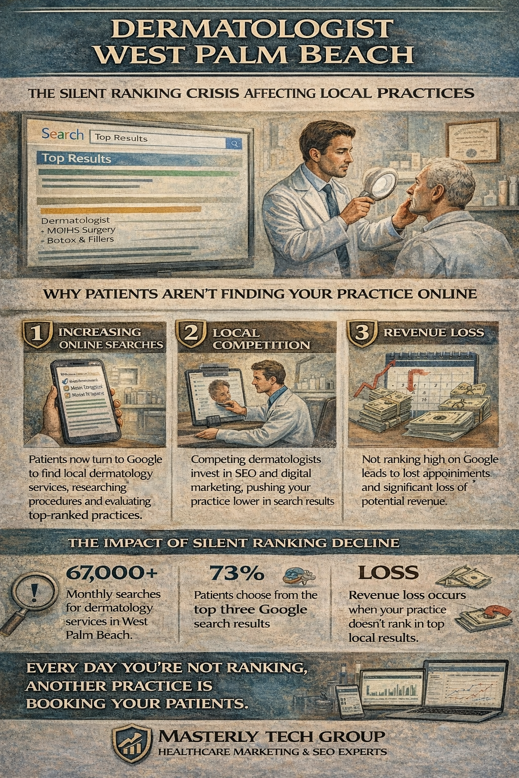 Dermatologist West Palm Beach: The Silent Ranking Crisis Affecting Local Practices” illustrating how dermatology practices in West Palm Beach lose patients due to low Google rankings, highlighting increasing online searches, local competition, revenue loss, and the importance of SEO and digital marketing, with branding from Masterly Tech Group.