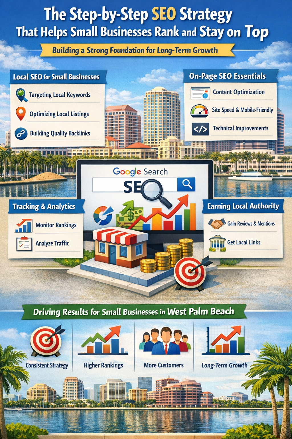 The Step-by-Step SEO Strategy That Helps Small Businesses Rank and Stay on Top” highlighting local SEO, on-page optimization, tracking analytics, and building authority, with visuals of charts, a search bar, and business growth in West Palm Beach