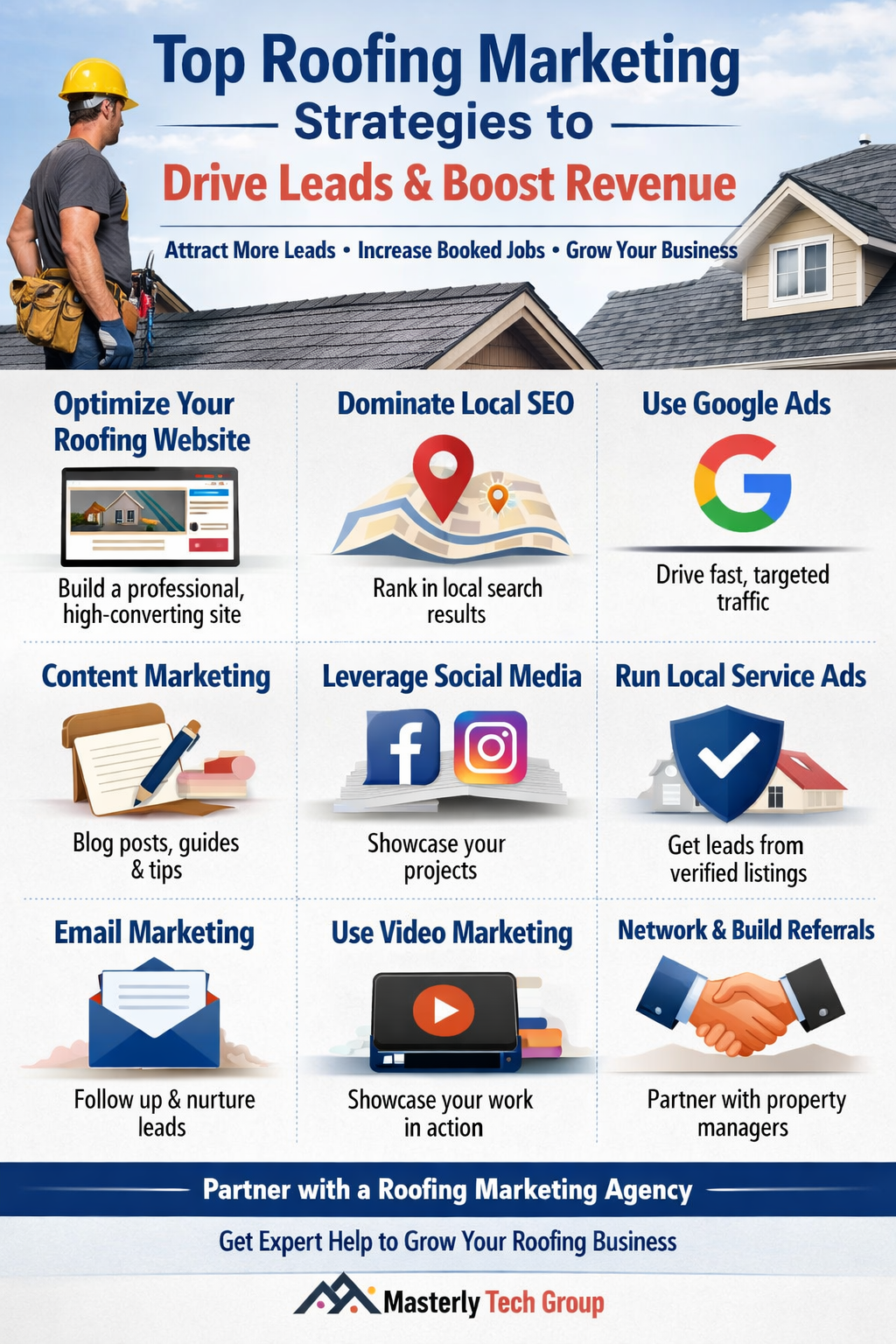 op Roofing Marketing Strategies to Drive Leads & Boost Revenue” showing key tactics like optimizing a roofing website, local SEO, Google Ads, content marketing, social media, email marketing, video marketing, and networking to generate leads and grow a roofing business.