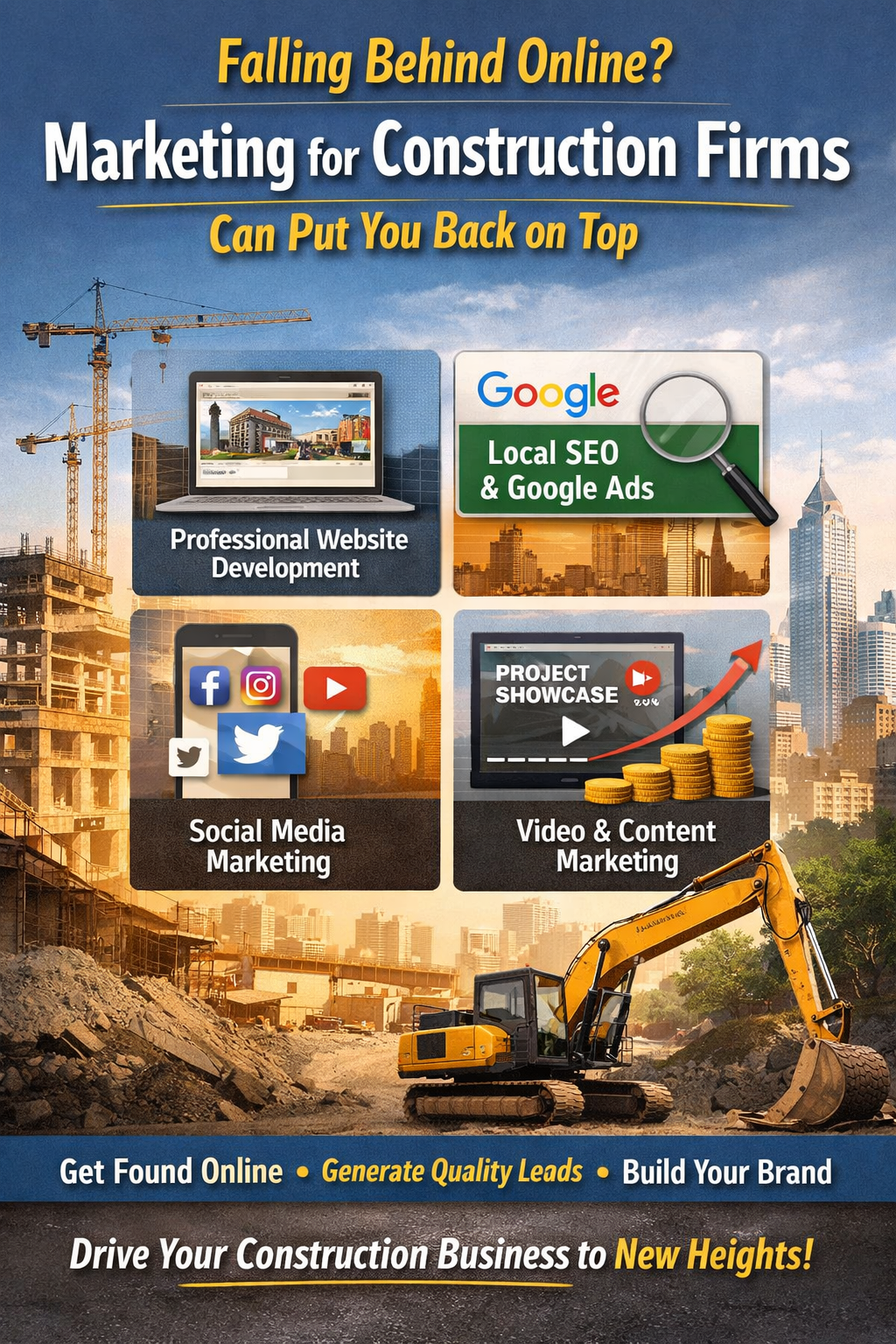 Falling Behind Online? Marketing for Construction Firms Can Put You Back on Top” features a construction site with cranes, buildings, and heavy equipment. It highlights key digital marketing strategies including professional website development, local SEO and Google Ads, social media marketing, and video and content marketing. The graphic emphasizes generating leads, building brand visibility, and helping construction businesses grow by improving their online presence.