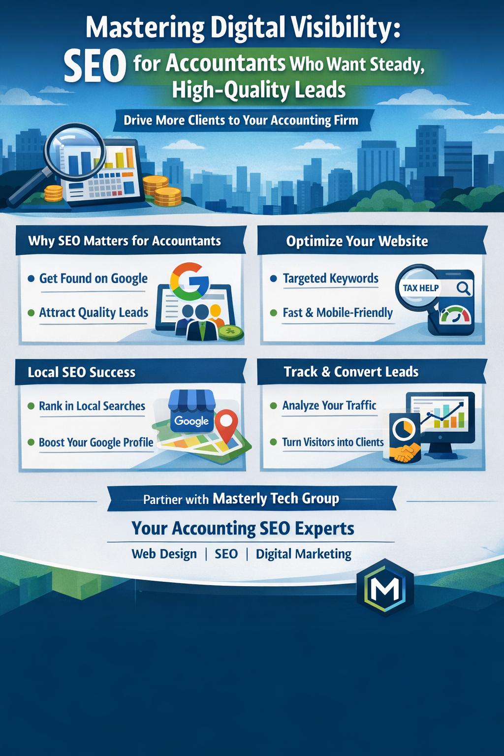 Mastering Digital Visibility: SEO for Accountants Who Want Steady, High-Quality Leads.” It features a clean blue and green design with icons like a magnifying glass, charts, and city skyline. The graphic explains how SEO helps accounting firms get found on Google, attract quality leads, and drive traffic. Sections highlight optimizing a website with targeted keywords and mobile-friendly design, improving local SEO through Google profiles, and tracking performance to convert visitors into clients. The bottom includes a call to action to partner with Masterly Tech Group for web design, SEO, and digital marketing services.