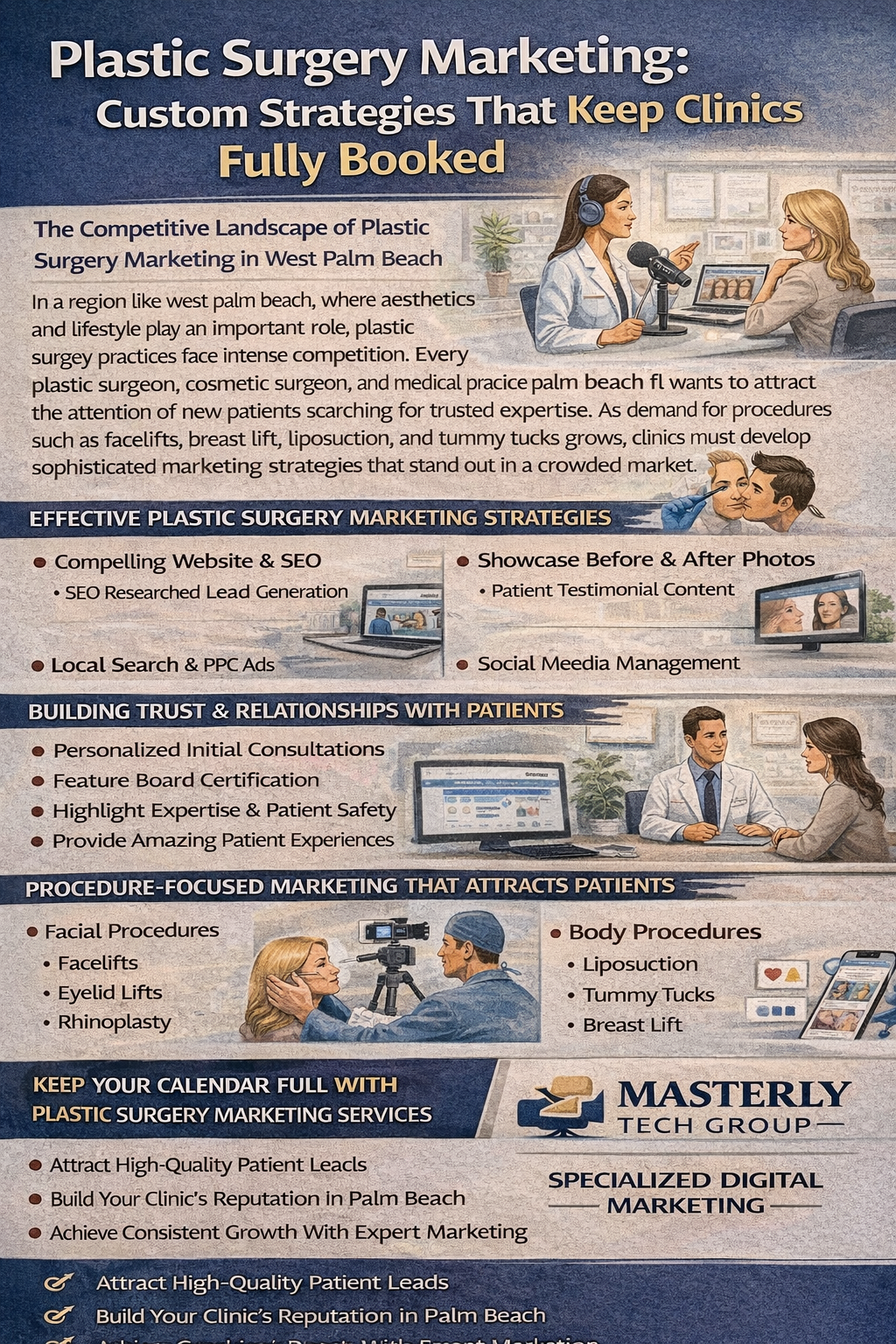 Plastic Surgery Marketing: Custom Strategies That Keep Clinics Fully Booked.” The graphic explains marketing strategies for plastic surgery practices in West Palm Beach. It shows a cosmetic consultation and podcast-style interview visuals and outlines key tactics such as building a strong website with SEO, using local search and PPC advertising, showcasing before-and-after photos, publishing patient testimonials, and managing social media. Another section emphasizes building trust through personalized consultations, highlighting board certification, and promoting patient safety and positive experiences. The infographic also lists procedure-focused marketing for facial procedures like facelifts, eyelid lifts, and rhinoplasty, and body procedures such as liposuction, tummy tucks, and breast lifts. The bottom encourages clinics to attract high-quality patient leads and build their reputation through specialized digital marketing from Masterly Tech Group.