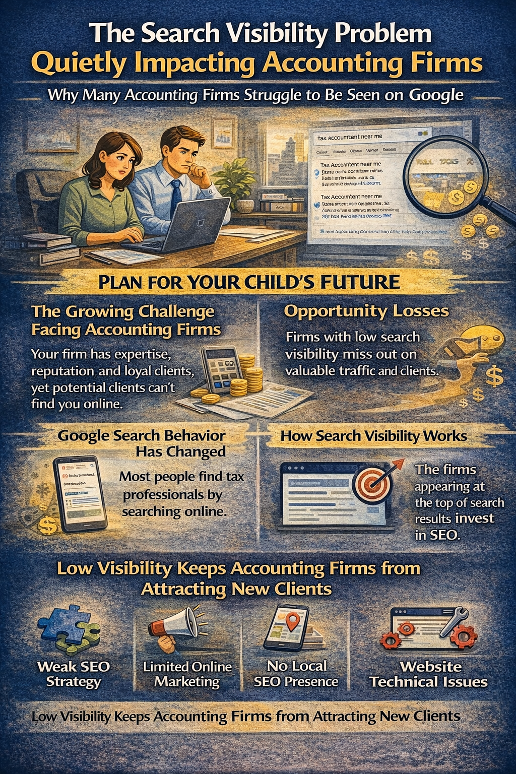 Infographic explaining the search visibility problem affecting accounting firms, showing how low Google rankings, weak SEO strategies, limited online marketing, poor local SEO, and website technical issues can prevent accounting firms from attracting new clients and generating web traffic.