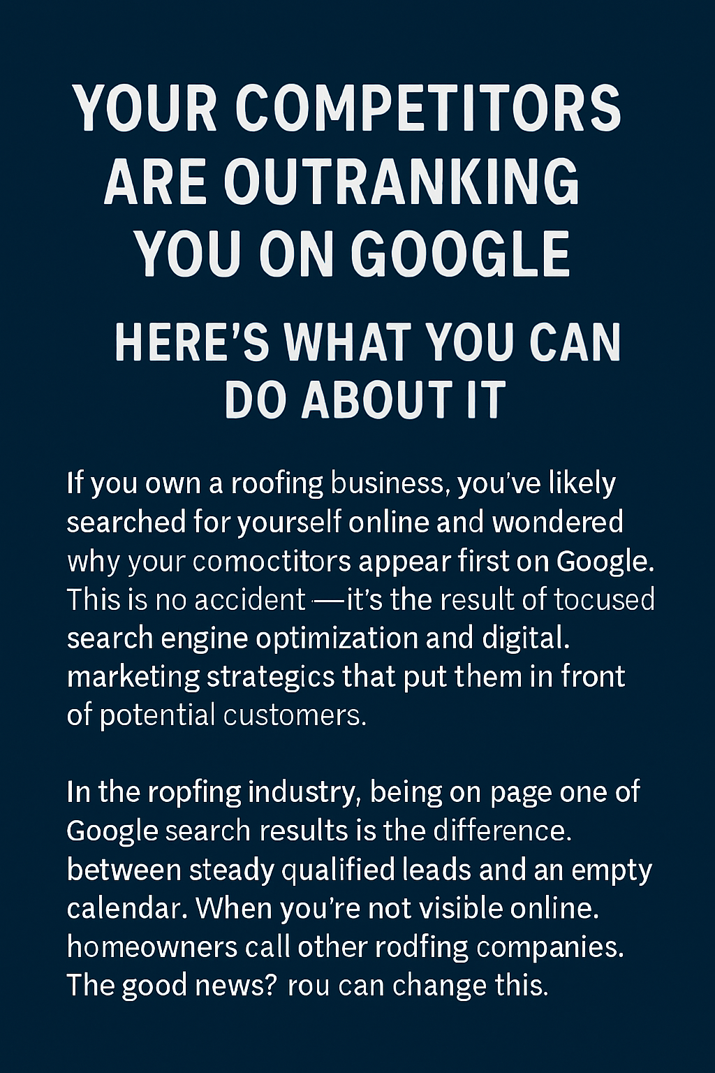 Bold white text at the top reading ‘YOUR COMPETITORS ARE OUTRANKING YOU ON GOOGLE’ followed by ‘HERE’S WHAT YOU CAN DO ABOUT IT,’ set against a dark blue background, with smaller white text below explaining why SEO and digital marketing are critical for roofing businesses to improve online rankings and generate leads.