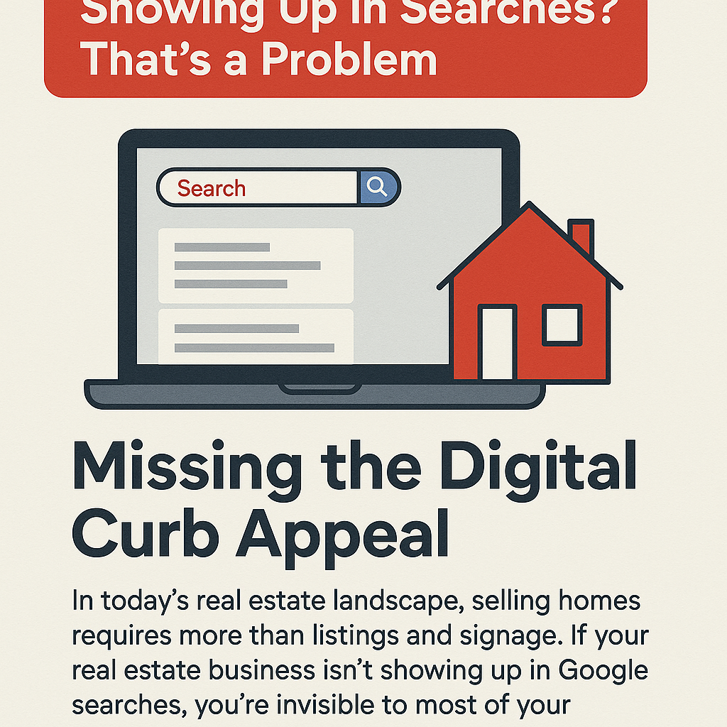 Digital graphic design advertisement with the headline 'Selling Homes But Not Showing Up in Searches? That’s a Problem' in white text on a red background. Below is a laptop displaying a search engine results page, accompanied by a red house icon. The subheading reads 'Missing the Digital Curb Appeal' followed by text explaining that in today’s real estate market, online visibility is essential for success.