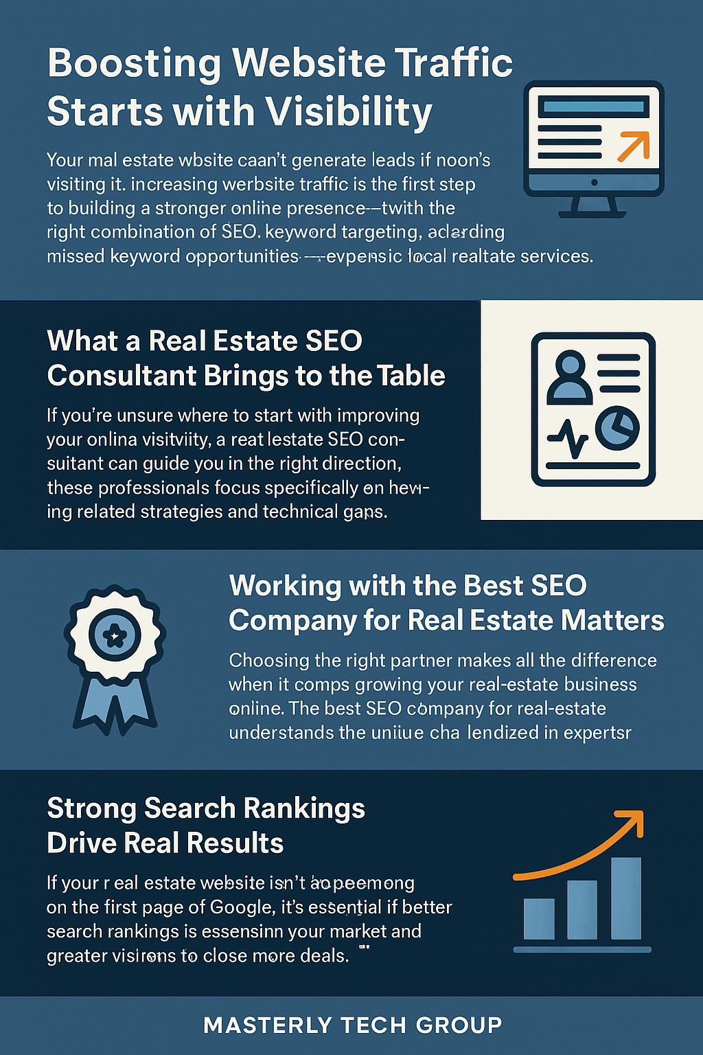 Promotional digital infographic by Masterly Tech Group titled 'Boosting Website Traffic Starts with Visibility,' featuring a blue and white color scheme with orange arrow icons. Divided into four sections: 1) Stresses the importance of increasing website visibility through SEO and Google Ads; 2) Describes the role of a real estate SEO consultant in identifying technical and keyword opportunities; 3) Highlights the benefits of working with a specialized SEO company for real estate; 4) Emphasizes how strong search rankings lead to more traffic and client conversions. Icons include a computer monitor, analytics report, award ribbon, and upward-trending bar chart.