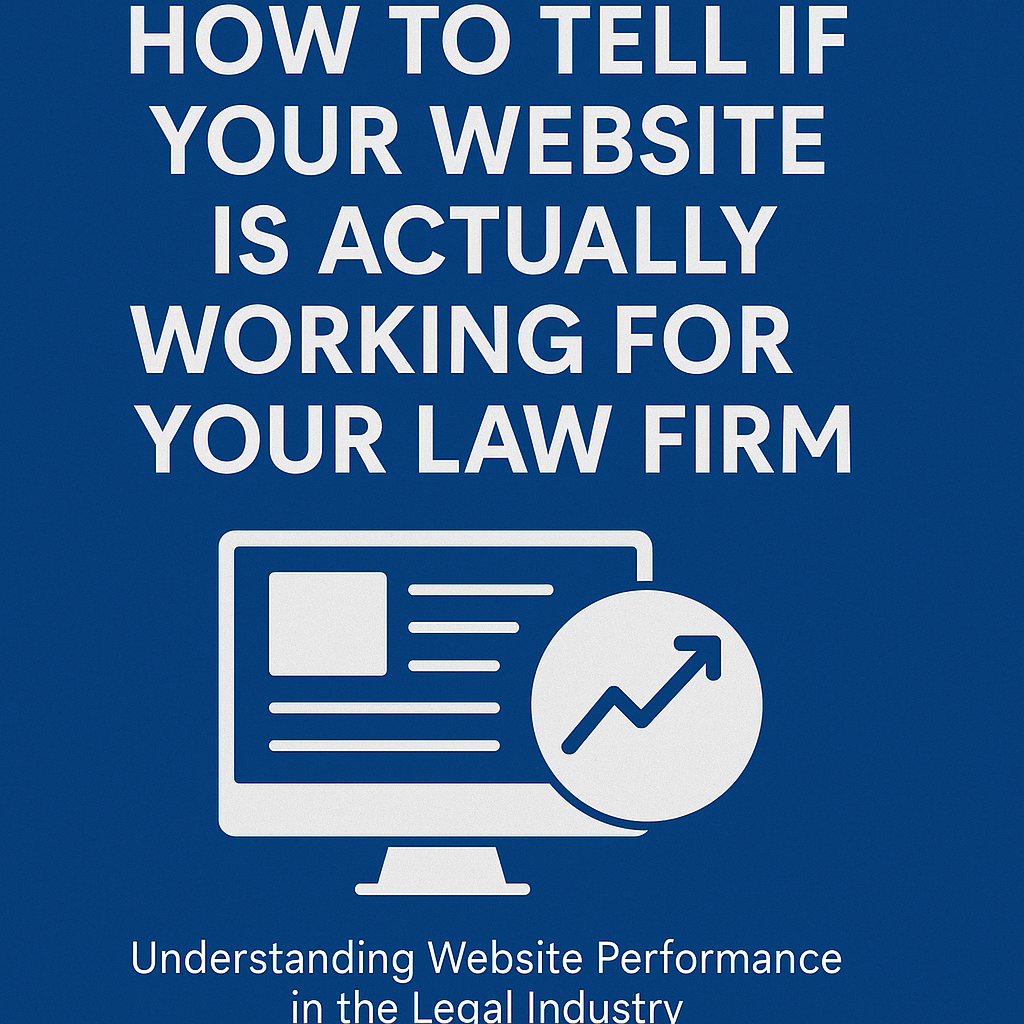 A digital graphic with a dark blue background features the headline “How to Tell If Your Website Is Actually Working for Your Law Firm” in bold white text. Below the text is an illustration of a computer monitor displaying a simplified webpage, with a circular icon showing an upward-trending arrow overlapping the screen. At the bottom, the subtitle reads “Understanding Website Performance in the Legal Industry.” The design conveys digital marketing insights for law firms.