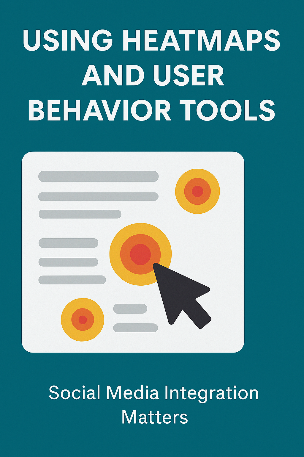 A flat-style digital graphic with a teal background features the headline “Using Heatmaps and User Behavior Tools” in bold white text. Below, a simplified webpage illustration displays red and orange heatmap circles indicating user interaction points, with a large black cursor clicking the central hotspot. At the bottom, the subtitle reads “Social Media Integration Matters,” emphasizing the importance of data-driven design and cohesive marketing for law firm websites.