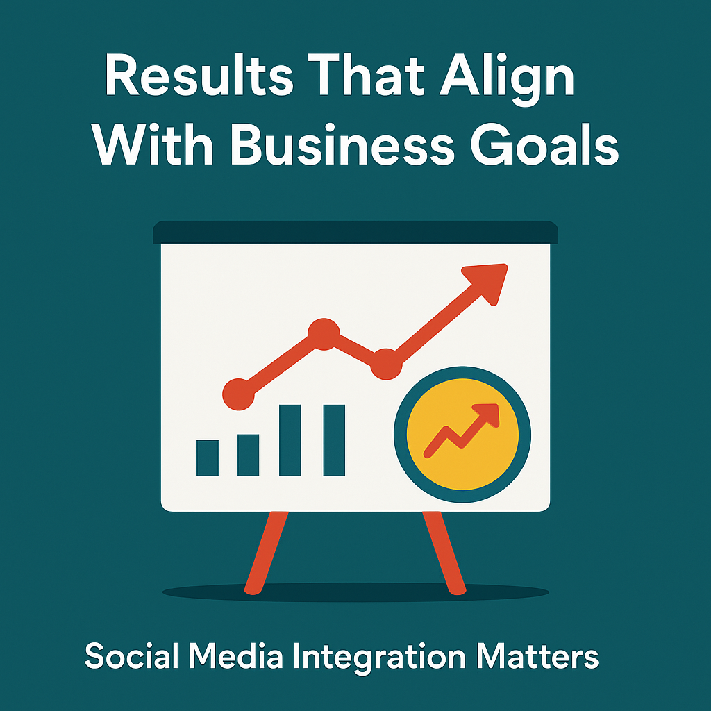A flat-style digital graphic features a dark teal background with the headline “Results That Align With Business Goals” in bold white text at the top. Centered below is an illustration of a white presentation board with orange tripod legs, displaying a red upward-trending line graph and a bar chart. A circular icon with a yellow upward arrow reinforces growth. At the bottom, the subtitle reads “Social Media Integration Matters,” highlighting the connection between performance metrics and cohesive marketing strategies.