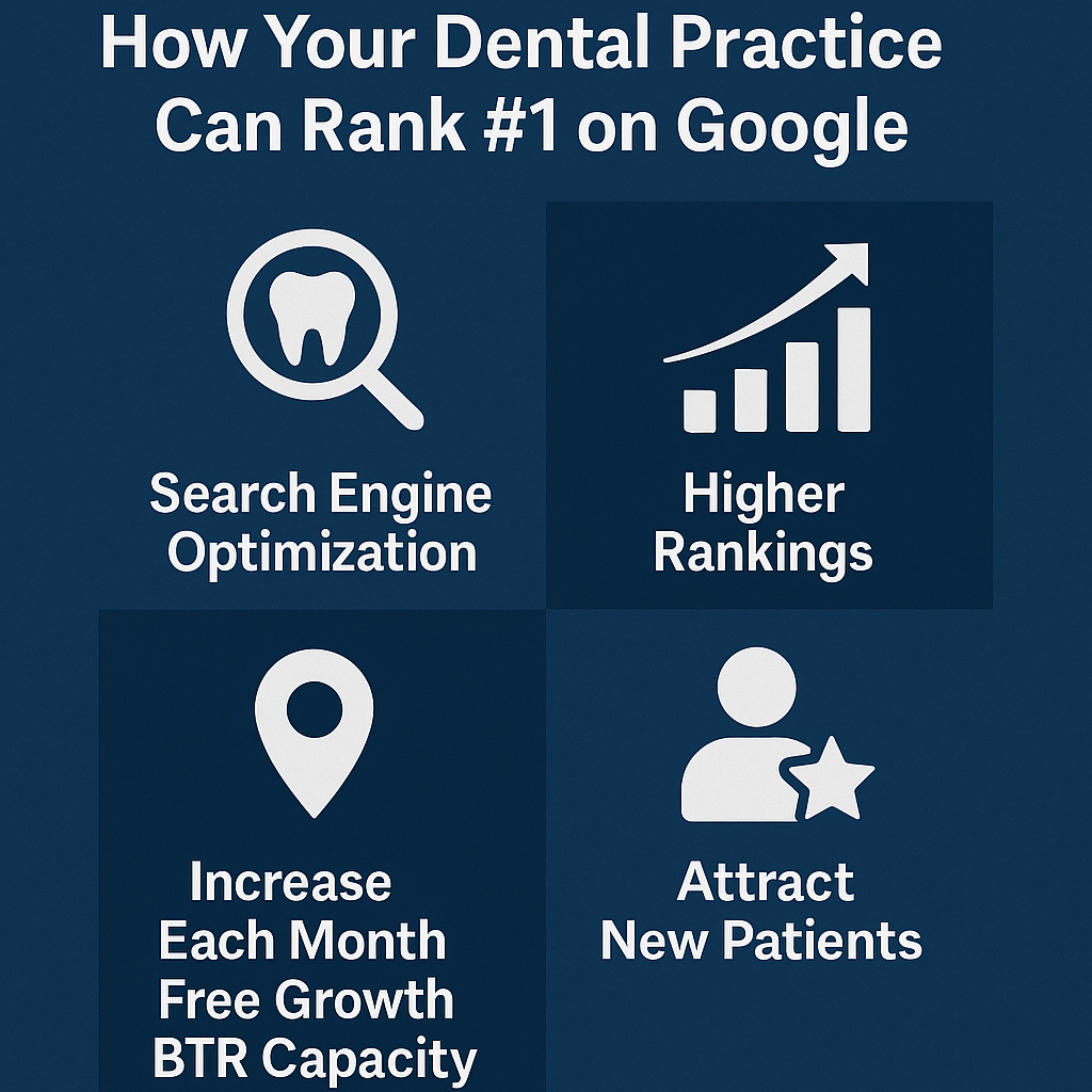 Infographic titled 'How Your Dental Practice Can Rank #1 on Google' featuring four quadrants on a dark blue background. Each quadrant includes a white icon and label: a magnifying glass with a tooth for 'Search Engine Optimization,' a rising bar chart for 'Higher Rankings,' a location pin for 'Increase Each Month Free Growth BTR Capacity,' and a person with a star for 'Attract New Patients.