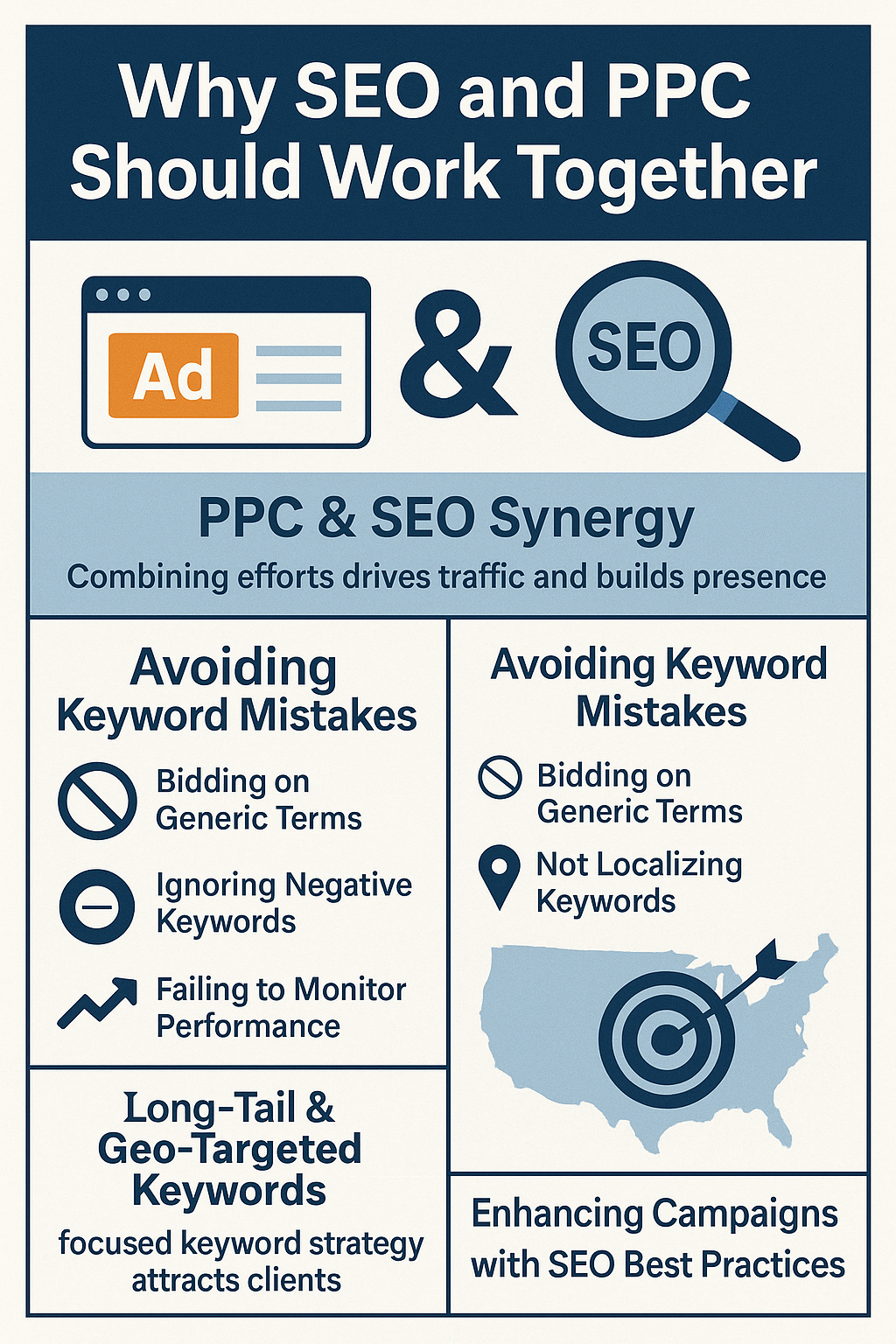 PPC & SEO Synergy: Subtitle reads, “Combining efforts drives traffic and builds presence.