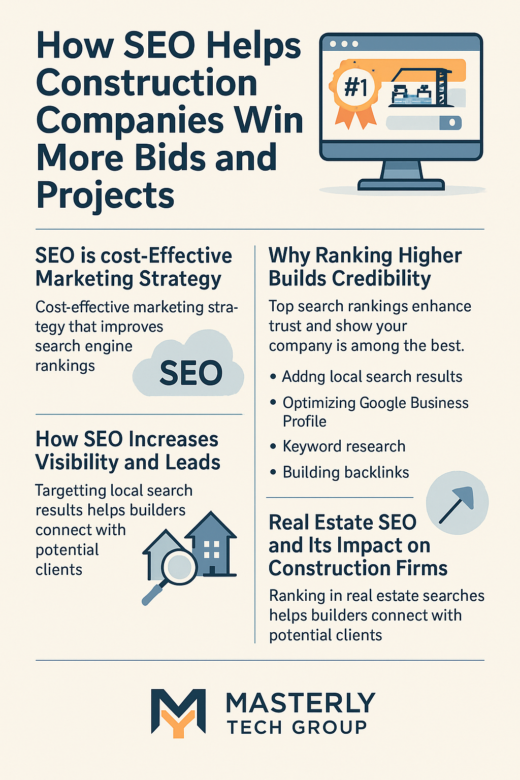 Infographic titled ‘Digital Marketing Integration for Maximum Impact,’ featuring sections on strategic partnerships, best SEO practices, cost-effective benefits, and elevating real estate connections. It highlights points such as specialized knowledge, technical SEO, sustainable growth, and real estate referrals, using navy blue and gold icons and text, with the Masterly Tech Group logo at the bottom.