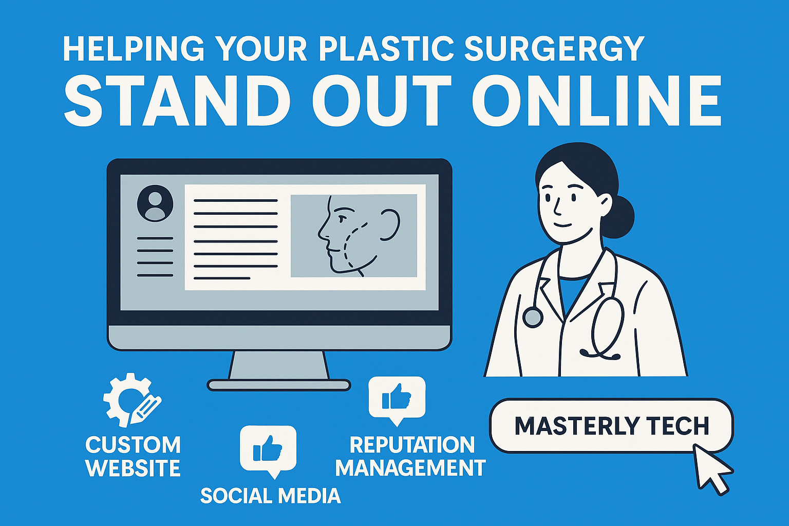 A flat-design digital graphic features a bright blue background with the headline “HELPING YOUR PLASTIC SURGERY STAND OUT ONLINE” in bold white text. On the left, a desktop computer screen displays a mock website with a profile icon, text, and a facial diagram. On the right, an illustrated female plastic surgeon wearing a white coat and stethoscope smiles confidently. Below are three labeled icons: a gear for “CUSTOM WEBSITE,” a thumbs-up for “SOCIAL MEDIA,” and another thumbs-up for “REPUTATION MANAGEMENT.” At the bottom right, a large clickable button labeled “MASTERLY TECH” is accompanied by a pointer icon.