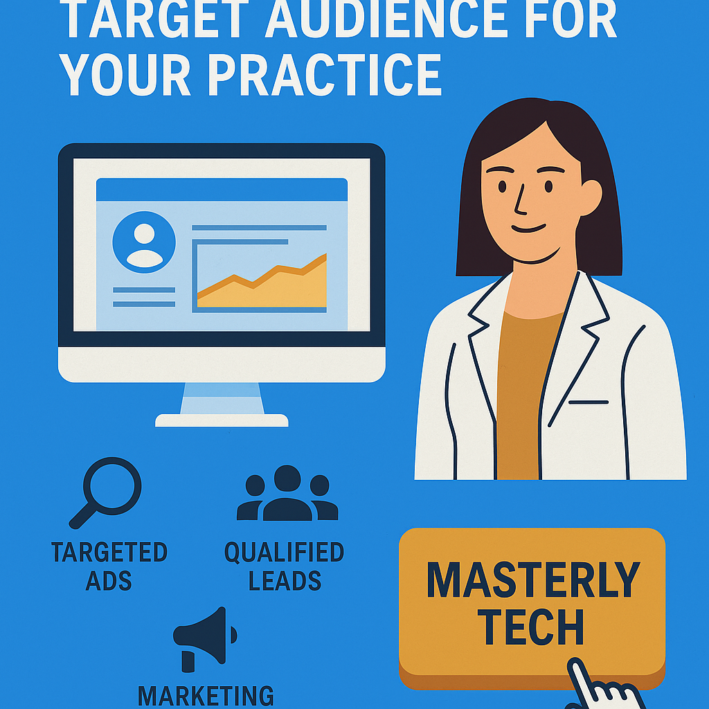 A flat-style digital illustration features a bright blue background with the bold white headline, “REACHING THE RIGHT TARGET AUDIENCE FOR YOUR PRACTICE.” On the left, a computer monitor displays a marketing dashboard with a profile icon and an upward-trending graph. To the right, a smiling female plastic surgeon in a white coat stands confidently. Below are three icons labeled “TARGETED ADS” with a magnifying glass, “QUALIFIED LEADS” with group silhouettes, and “MARKETING” with a megaphone. A large orange call-to-action button labeled “MASTERLY TECH” sits in the bottom right with a hand cursor pointing to it.