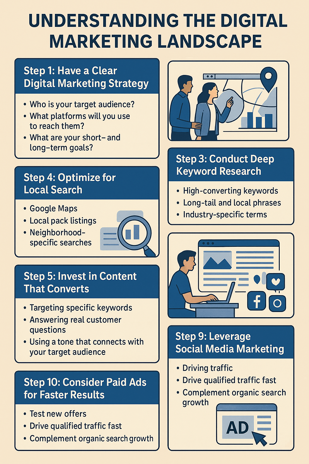 An infographic titled “Understanding the Digital Marketing Landscape” with six sections, each framed in blue on a beige background. It features flat-style illustrations and concise bullet points. Step 1 emphasizes creating a clear digital marketing strategy. Step 3 covers deep keyword research. Step 4 highlights local search optimization. Step 5 discusses investing in content that converts. Step 9 focuses on leveraging social media marketing. Step 10 advises considering paid ads for faster results. Each step includes relevant action items and supporting visuals like charts, maps, and laptops.