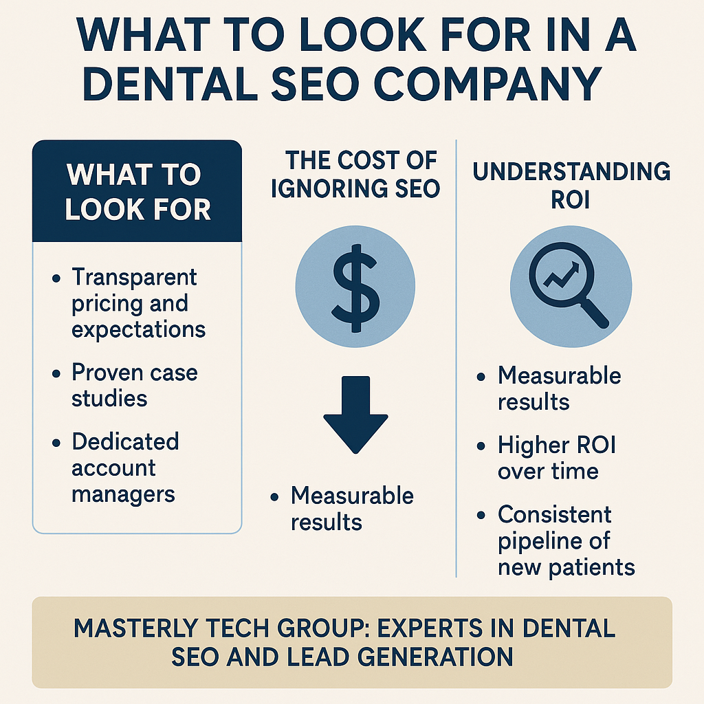 A 2D digital infographic titled 'What to Look for in a Dental SEO Company' created by Masterly Tech Group. The design is divided into three vertical sections. The first section, labeled 'What to Look For,' lists: Transparent pricing and expectations, Proven case studies, and Dedicated account managers. The middle section, 'The Cost of Ignoring SEO,' features a large dollar sign and a downward arrow with the phrase 'Measurable results.' The third section, 'Understanding ROI,' includes a magnifying glass icon and bullet points: Measurable results, Higher ROI over time, and Consistent pipeline of new patients. A beige banner at the bottom reads: 'Masterly Tech Group: Experts in Dental SEO and Lead Generation