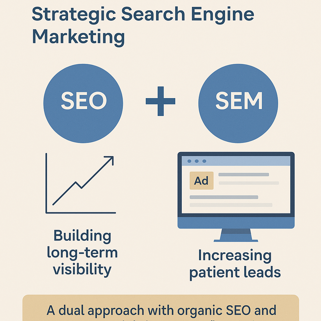 A 2D digital infographic titled 'Strategic Search Engine Marketing' illustrates the combination of SEO and SEM for dental practices. On the left, a blue circle labeled 'SEO' is paired with an upward-trending graph and the caption 'Building long-term visibility.' On the right, a blue circle labeled 'SEM' appears above an illustration of a computer screen displaying a Google ad, with the caption 'Increasing patient leads.' At the bottom, a beige banner reads: 'A dual approach with organic SEO and paid search boosts lead generation and online visibility.