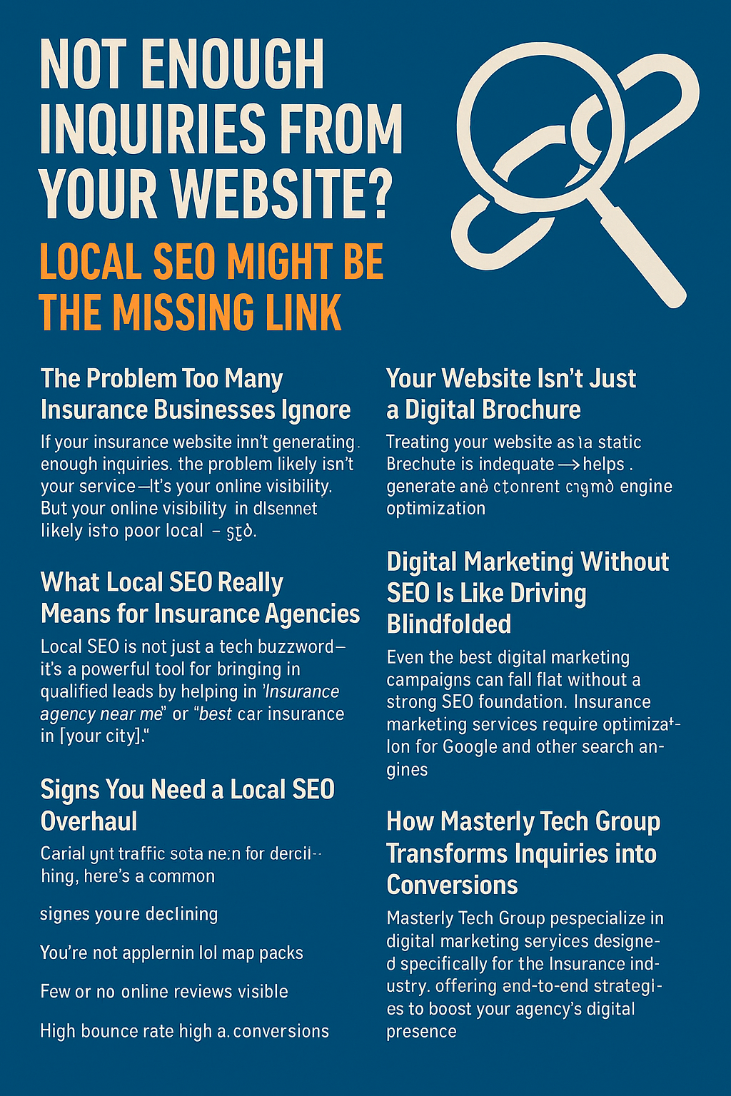Infographic titled “Not Enough Inquiries from Your Website? Local SEO Might Be the Missing Link” with a magnifying glass icon on a blue background. It includes sections highlighting common issues insurance agencies face due to poor local SEO. Key topics include treating websites as sales tools, the impact of SEO on digital marketing success, and the benefits of working with Masterly Tech Group. Each section explains the importance of local SEO strategies like keyword optimization, Google Business Profile setup, and review management to improve visibility and lead generation.