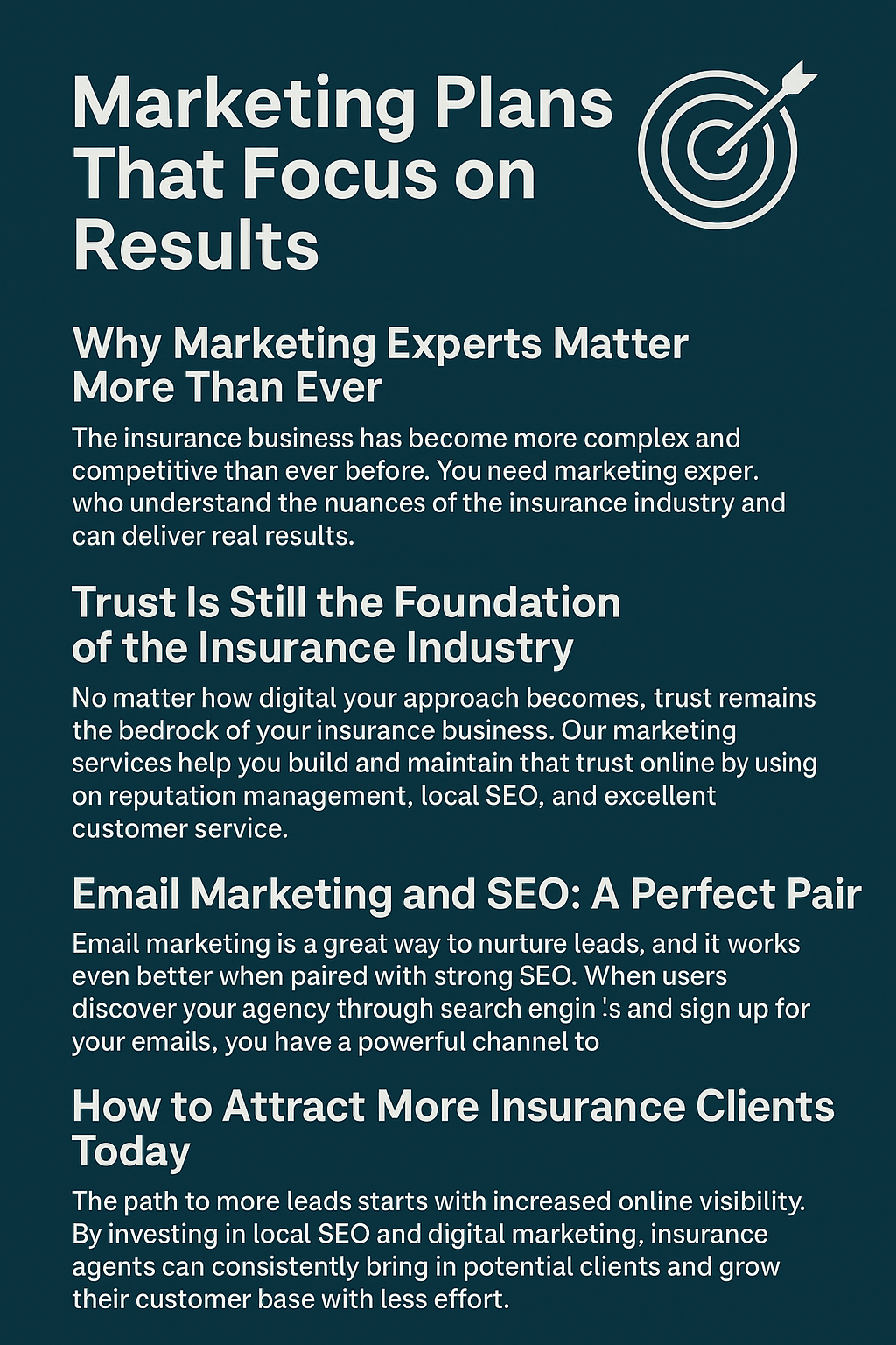 Infographic titled “Marketing Plans That Focus on Results” by Masterly Tech Group, set on a dark teal background with white text and a target icon. It includes four sections with bold headings: 1) “Why Marketing Experts Matter More Than Ever,” highlighting the need for industry-specific expertise; 2) “Trust Is Still the Foundation of the Insurance Industry,” emphasizing reputation management and customer service; 3) “Email Marketing and SEO: A Perfect Pair,” discussing the synergy between SEO and email campaigns; and 4) “How to Attract More Insurance Clients Today,” advocating for local SEO and increased online visibility.