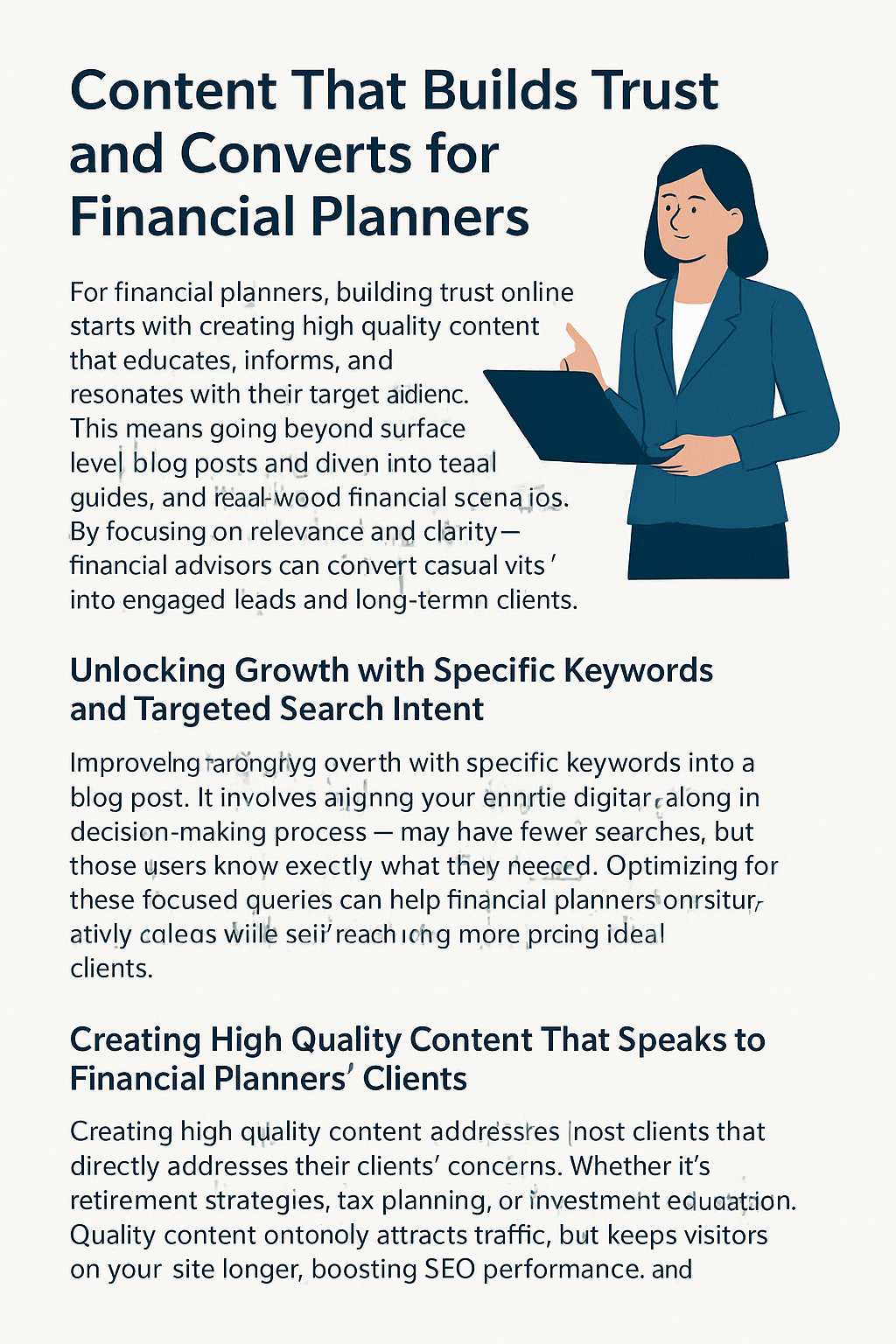 Infographic titled “Content That Builds Trust and Converts for Financial Planners.” It features three main content sections explaining how financial advisors can use high-quality content to build credibility, attract leads, and improve SEO. The first section discusses the importance of educational, detailed content. The second highlights targeting specific keywords with high intent. The third explains how addressing client concerns directly through content boosts engagement. An illustration of a professional woman holding a laptop is placed beside the text. The design uses a clean, modern layout with dark blue headings and light background.