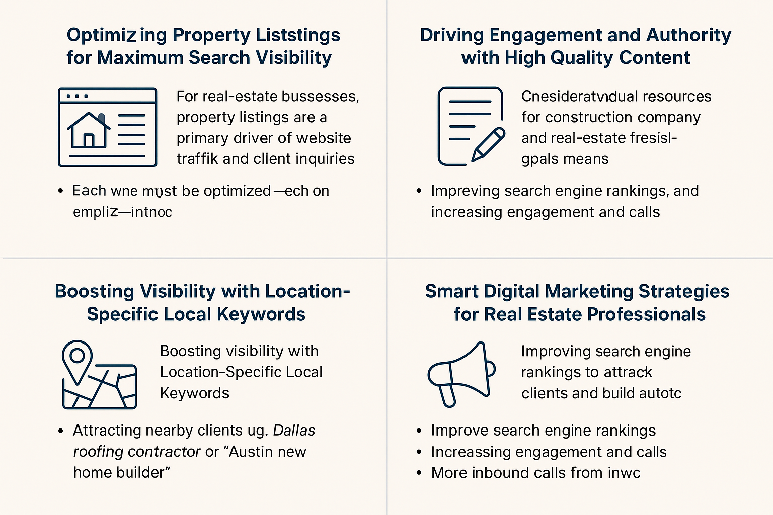 Features a browser window icon with a home symbol. Emphasizes the need to optimize each property listing with keywords and structured data for better search visibility.