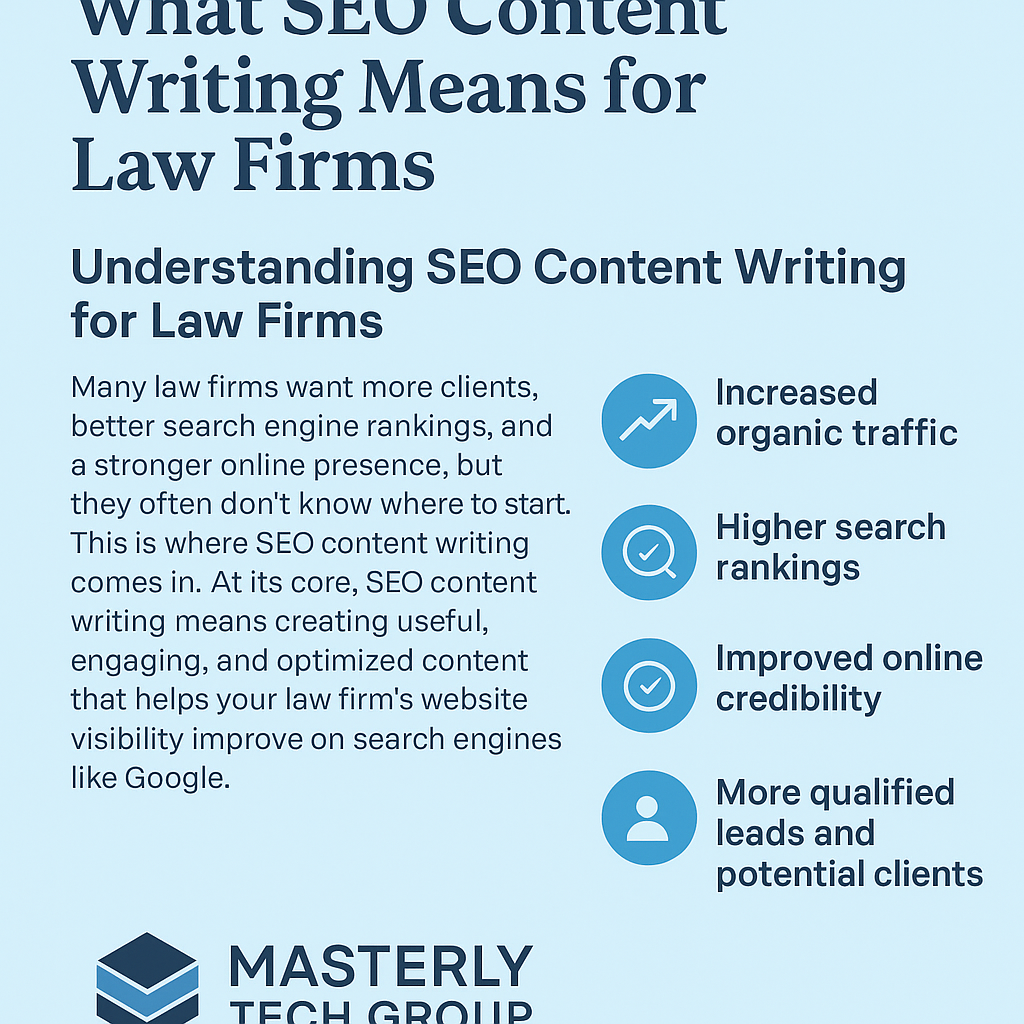 Infographic titled ‘Master the Basics: What SEO Content Writing Means for Law Firms,’ explaining how SEO content writing improves law firms’ online visibility. It highlights key benefits including increased organic traffic, higher search rankings, improved online credibility, and more qualified leads. The design features a light blue background with dark blue text and the Masterly Tech Group logo at the bottom