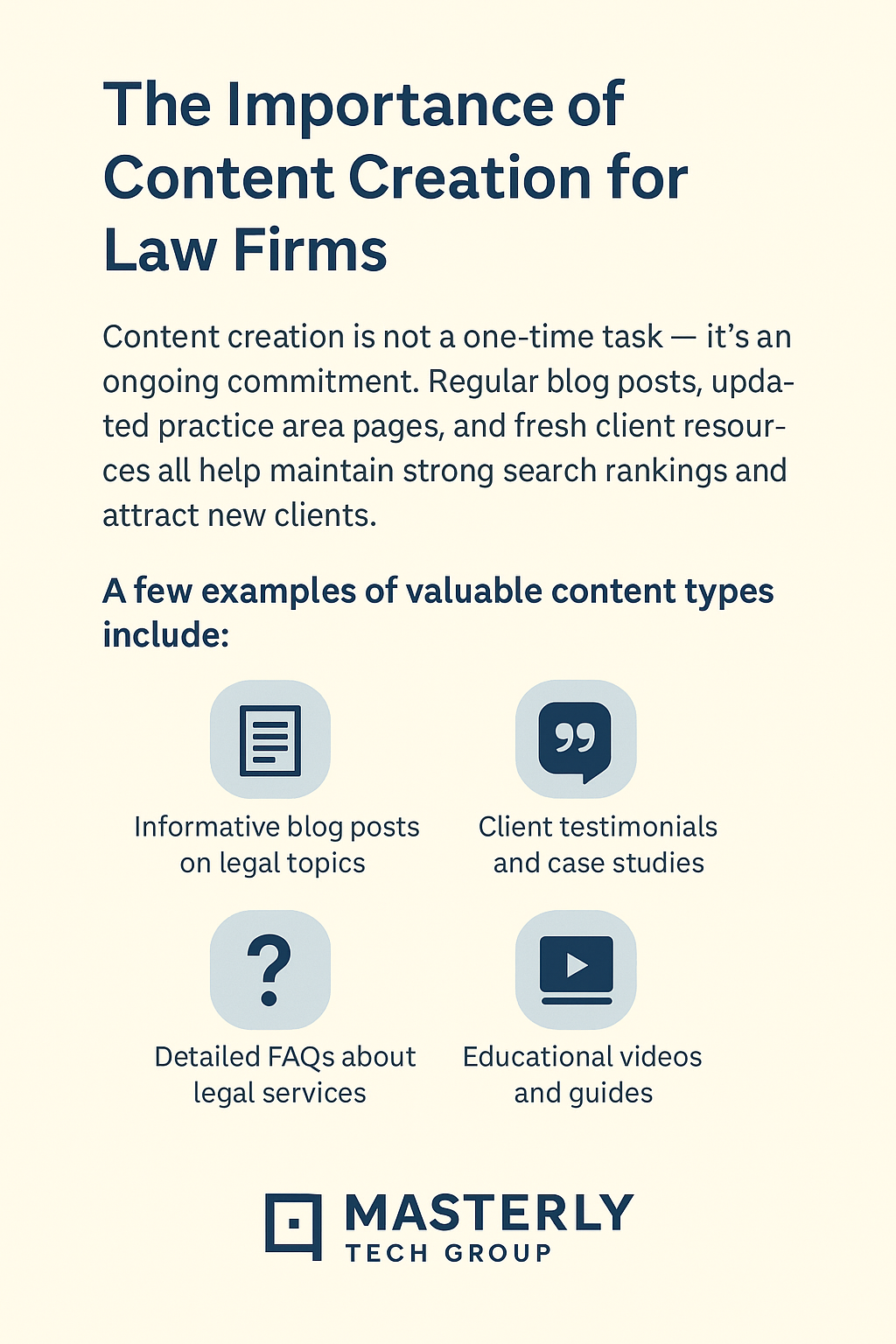 Infographic titled ‘The Importance of Content Creation for Law Firms,’ explaining that consistent content like blog posts, FAQs, client testimonials, and educational videos helps law firms maintain search rankings and attract clients. The design features a cream-colored background, minimalist blue icons for each content type, and the Masterly Tech Group logo at the bottom.