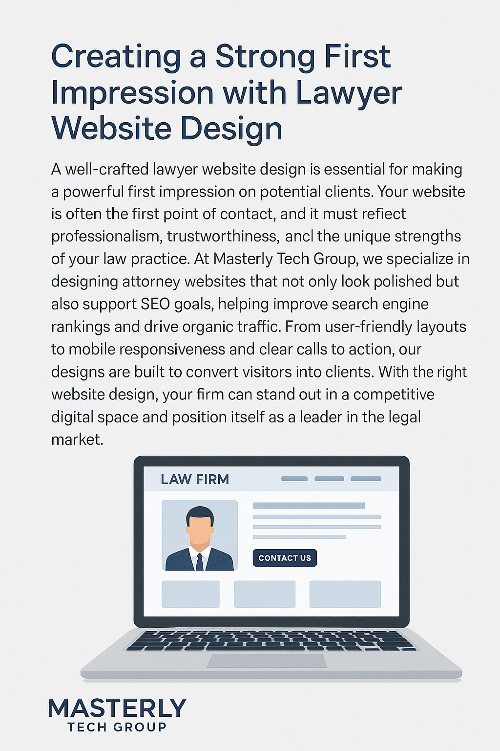 Digital graphic titled ‘Creating a Strong First Impression with Lawyer Website Design,’ featuring a descriptive paragraph about the importance of professional website design for law firms. The lower part of the image shows a laptop mockup displaying a simple lawyer website layout with a ‘Contact Us’ button, accompanied by the Masterly Tech Group logo at the bottom.